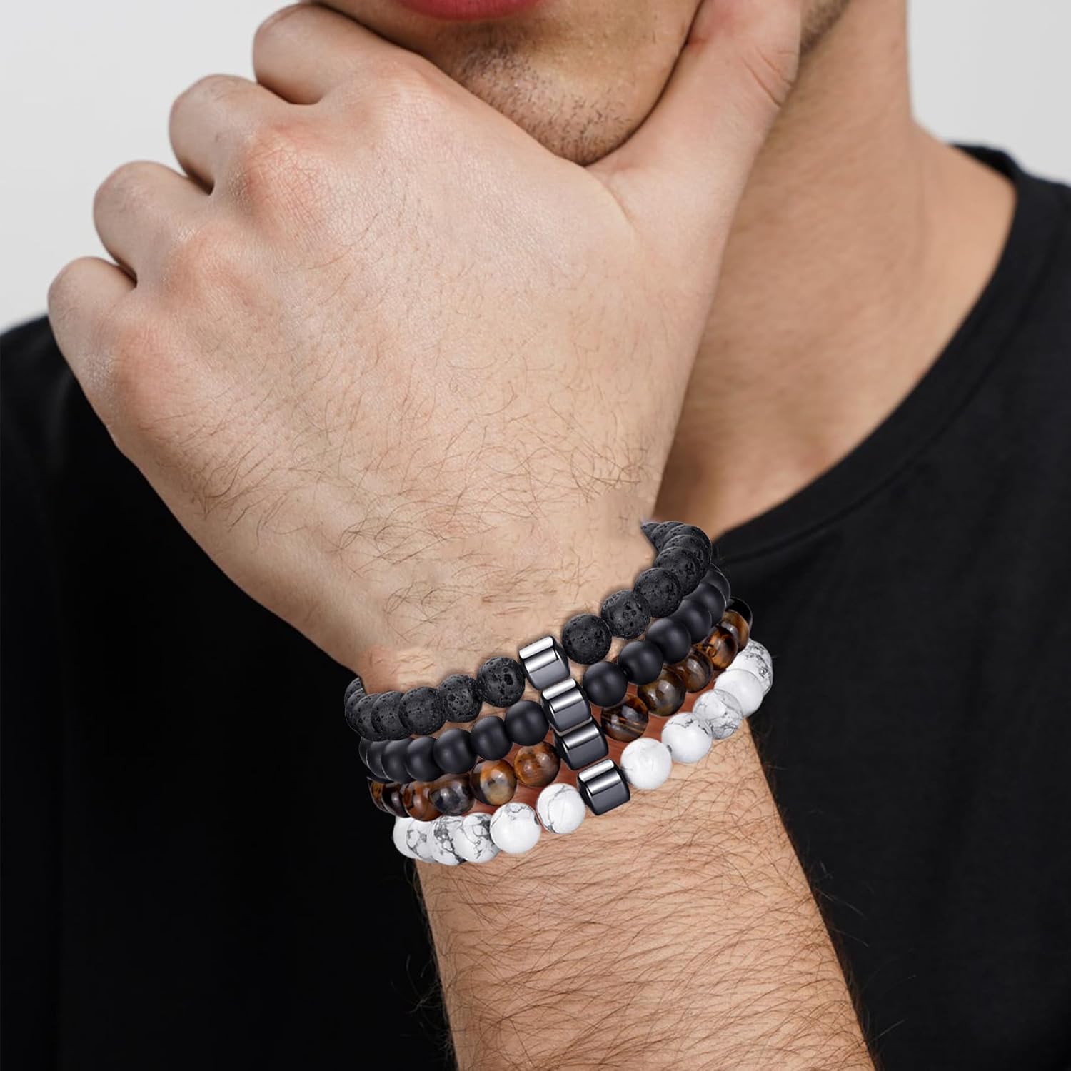 Thumbnail 1 de Bracelet œil de tigre homme MOROTOLE 8 mm en pierre naturelle, pierre de lave et obsidienne (set de plusieurs bracelets)