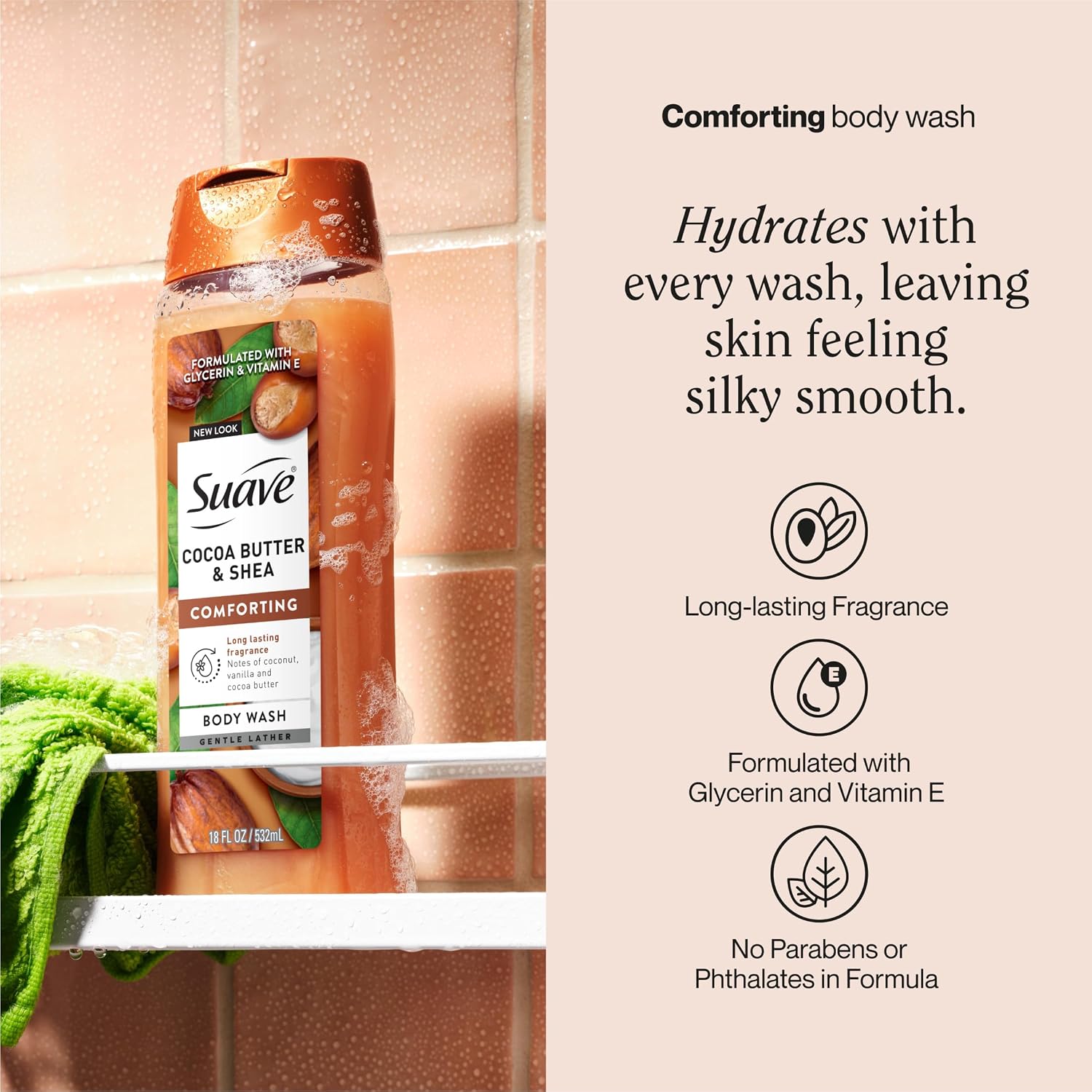 Detalle de Suave Moisturizing Body Wash, Cocoa Butter & Shea, Vitamin E, 18 oz, 6-Pack
