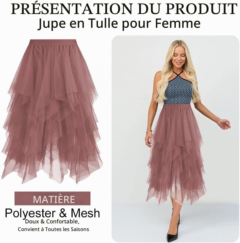 Detalle 2 de AUYAO 4553886 tule rok voor dames, hoge taille en gelaagde mesh