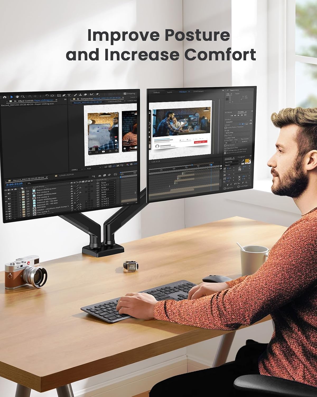 Detalle de ErGear Dual Monitor Arm Desk Mount for 17–32 Inch Screens (VESA 75/100) with 10kg Load, Double Gaming/Work Setup