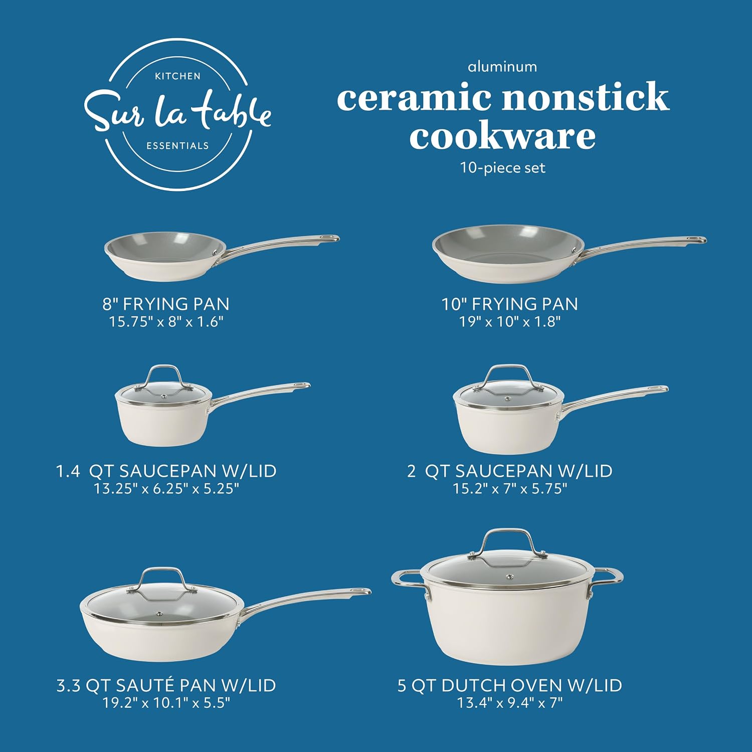 Detalle de Sur La Table Kitchen Essentials 10-Piece PFA-Free Nonstick Cookware Set (Titanium Ceramic) - Linen White