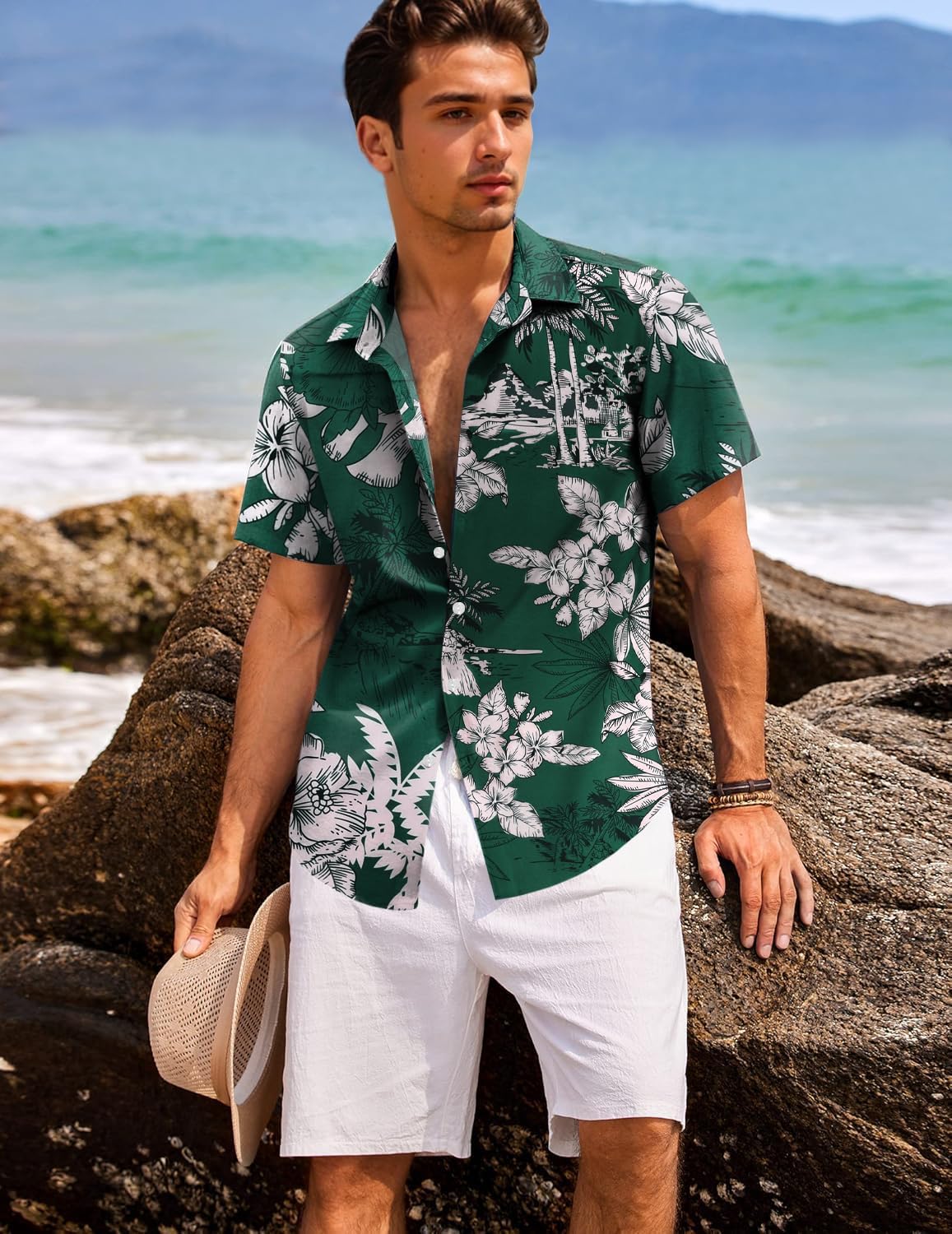 Detalle de Chemise hawaïenne homme Gavliuu à manches courtes imprimé tropical, tissu léger et coupe décontractée