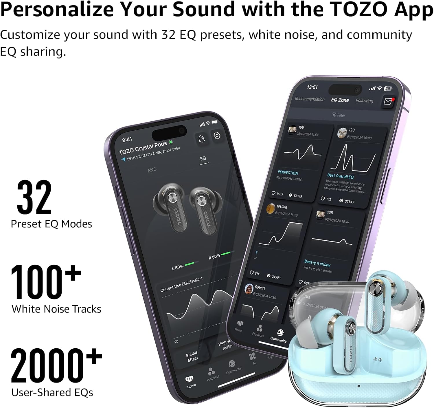 Thumbnail 4 de TOZO Crystal Pods – Écouteurs Bluetooth 5.4 avec ANC hybride et OrigX Acoustic 2.0