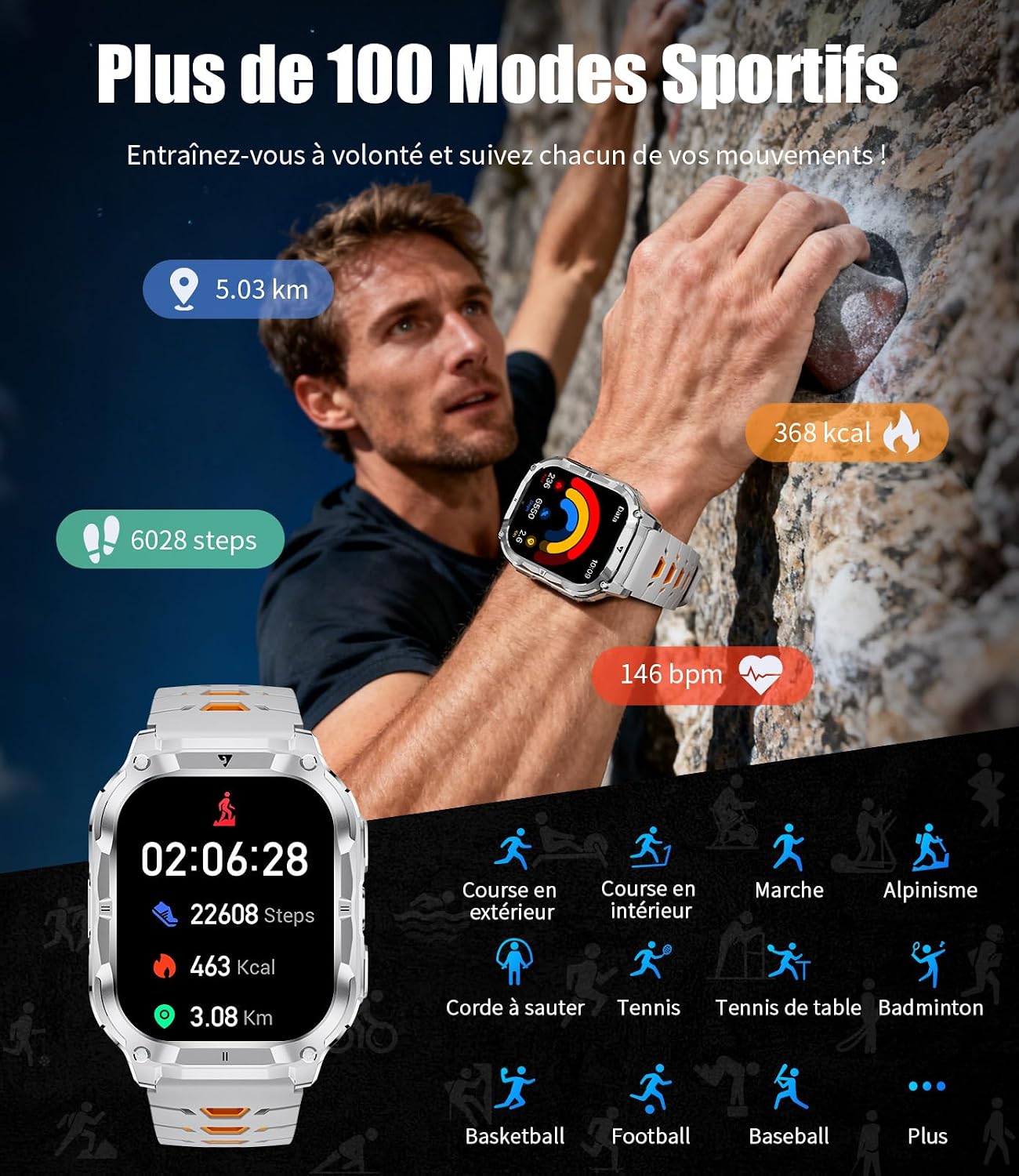 Detalle de FitVigor Montre connectée homme FitVigor, écran HD 2'' et lampe LED intégrée
