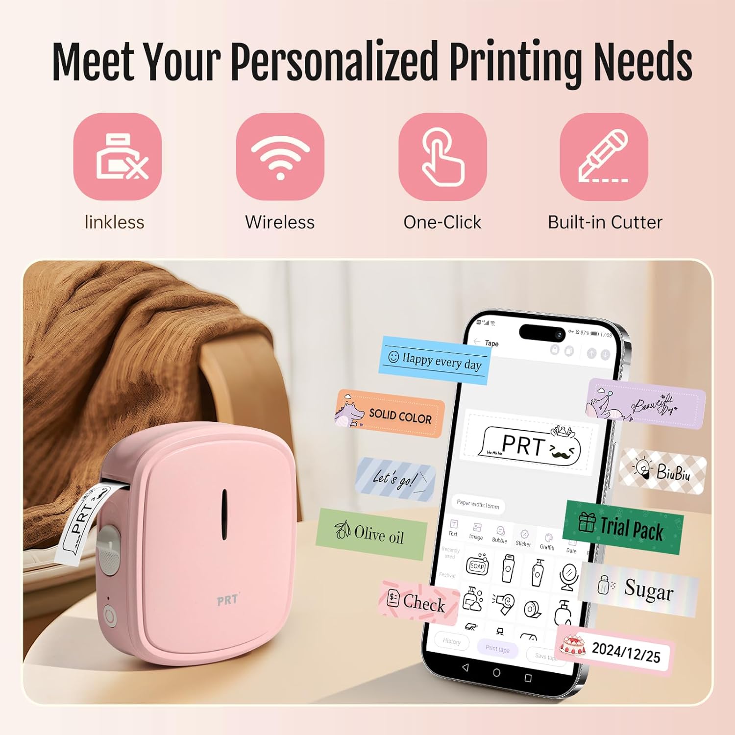 Thumbnail 1 de PRT Mini Etichettatrice Portatile con Bluetooth e ricarica (rosa) per etichette adesive