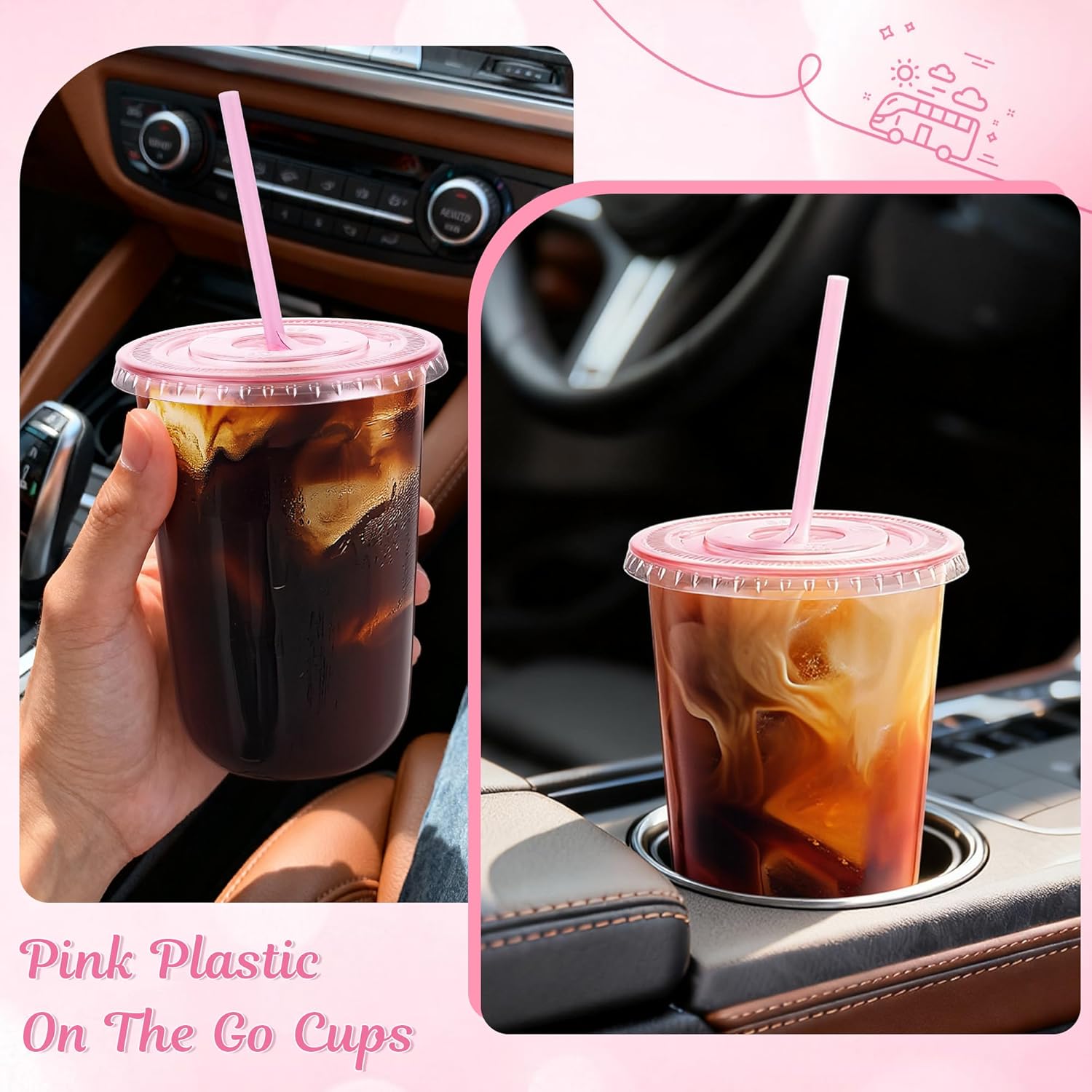 Thumbnail 5 de tchrules 100 Set 16oz Pink Plastic Cups with Lids & Straws — Disposable to Go Cups for Cold Drinks