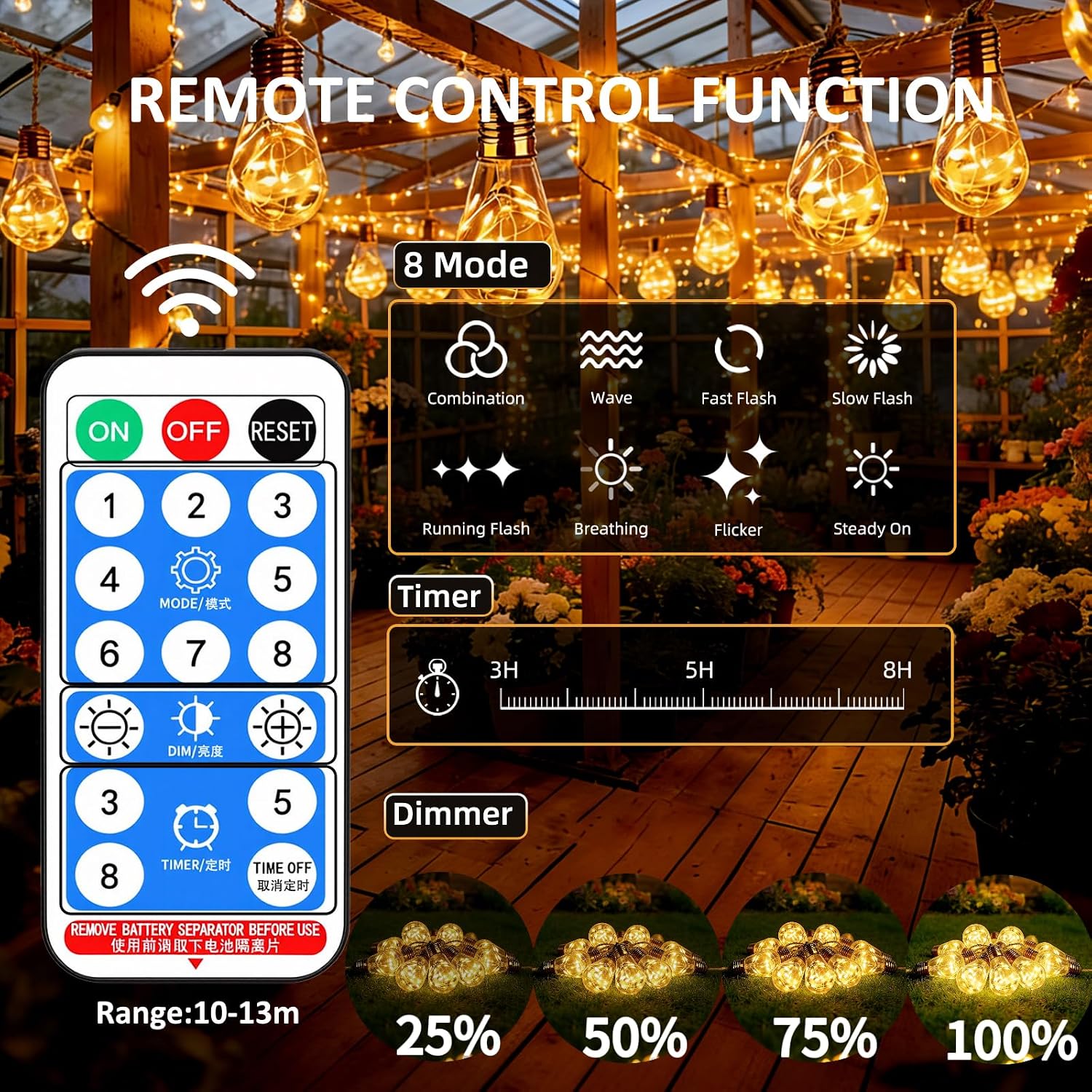 Detalle de Caldarax 8M 16 LED Catena Luminosa Esterno Solare – Decorazione a LED a scarica solare, 8 modalità, IP65, Bianco caldo