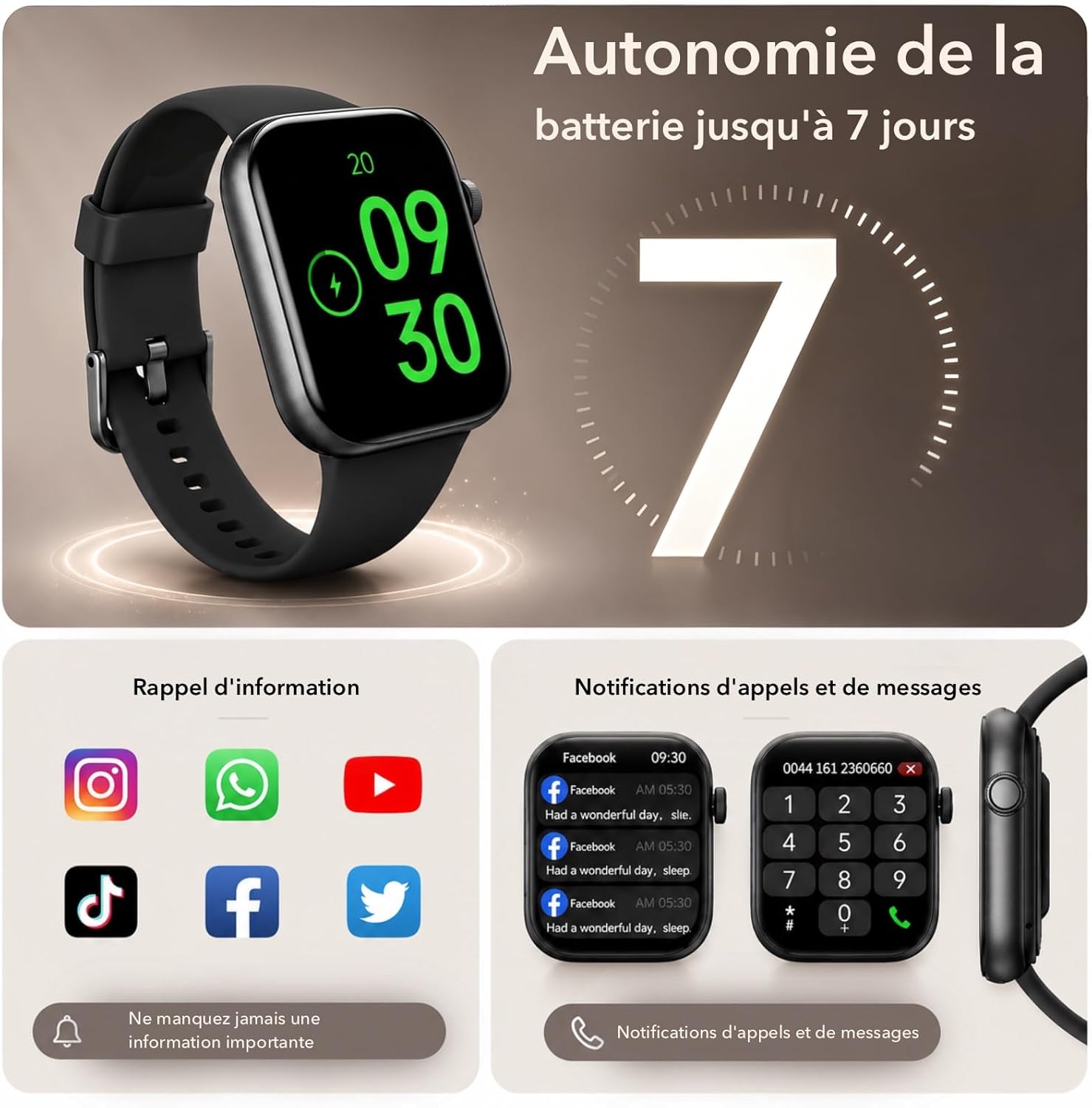 Detalle de AOYBWK Montre Connectée – Écran 1,85'' HD, Appels Bluetooth et Santé pour Android et iOS