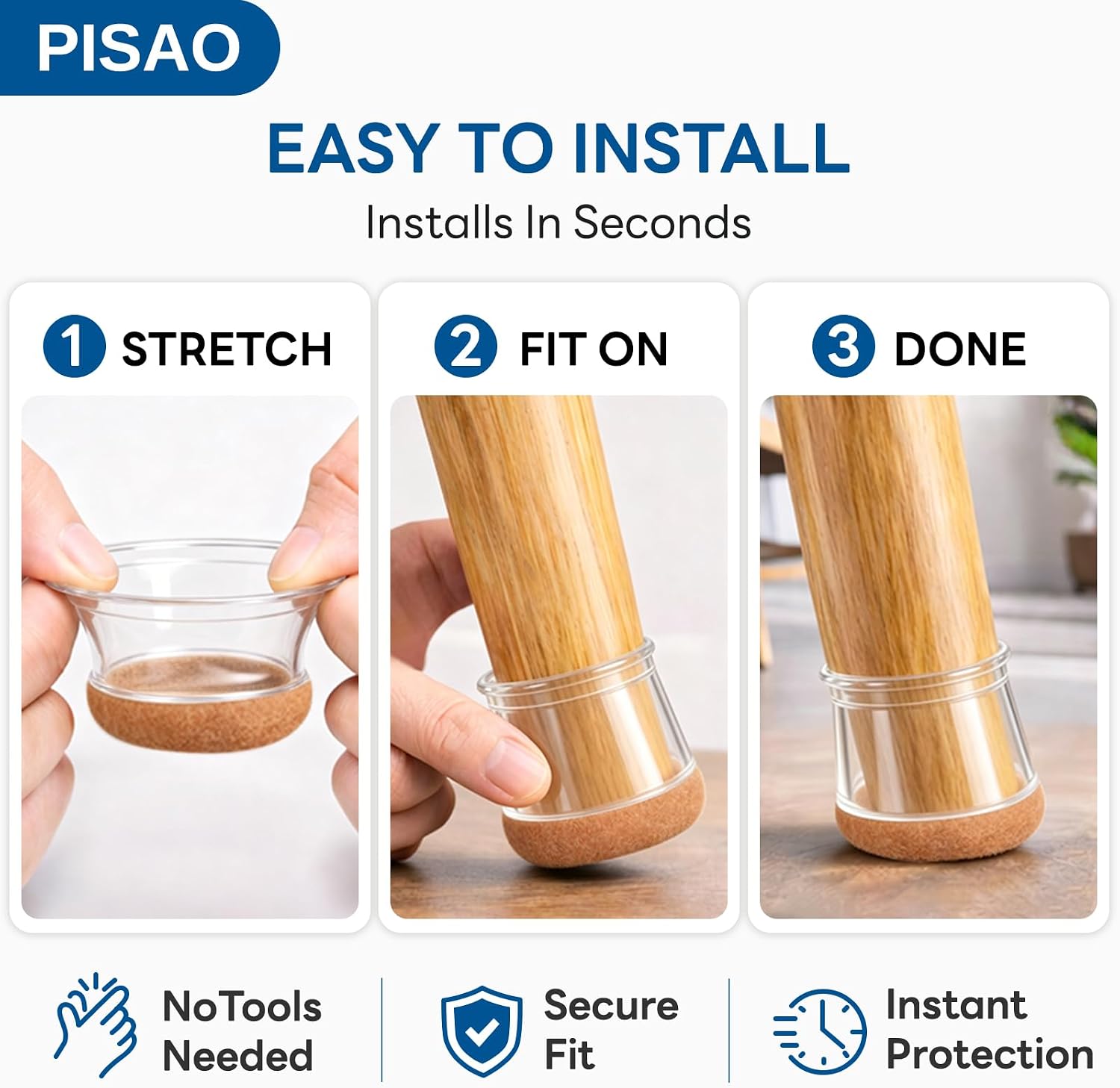 Detalle de PISAO 001 Chair Leg Protectors, 24-Pack Clear Silicone Caps with Felt