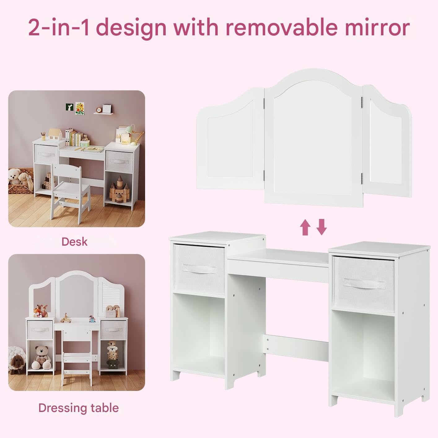 Detalle de Clevich Kids Vanity Table and Chair Set: 2-in-1 Princess Vanity with Removable Mirror