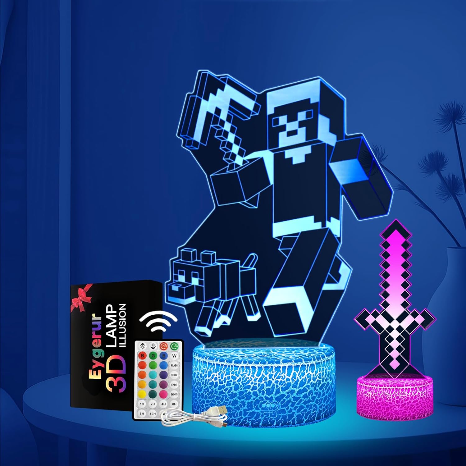Eygerur Lot de 2 Veilleuses Minec 3D LED pour enfants – télécommande et 16 couleurs