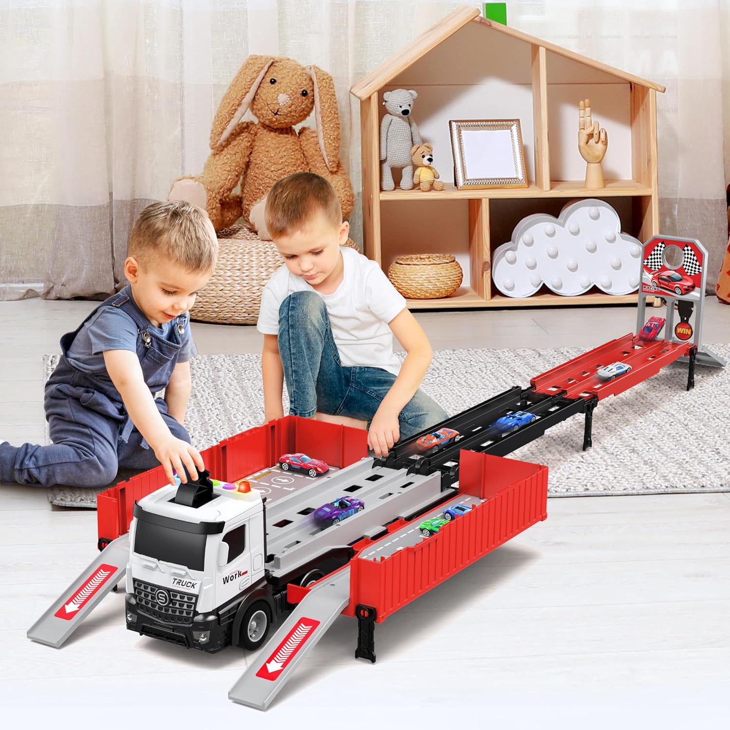 Thumbnail 6 de Transport Truck Toy for Boys & Girls with 8 Race Cars and Ejecting Dual Tracks (Portable Carrier Truck Set)