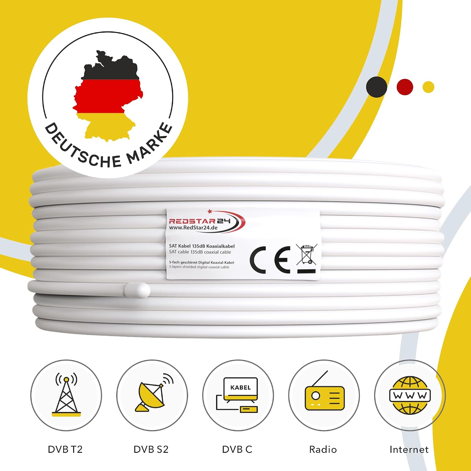 Detalle de RedStar24 100m Koaxialkabel SAT Kabel 135dB – Class A+ mit 10 vergoldeten F-Steckern