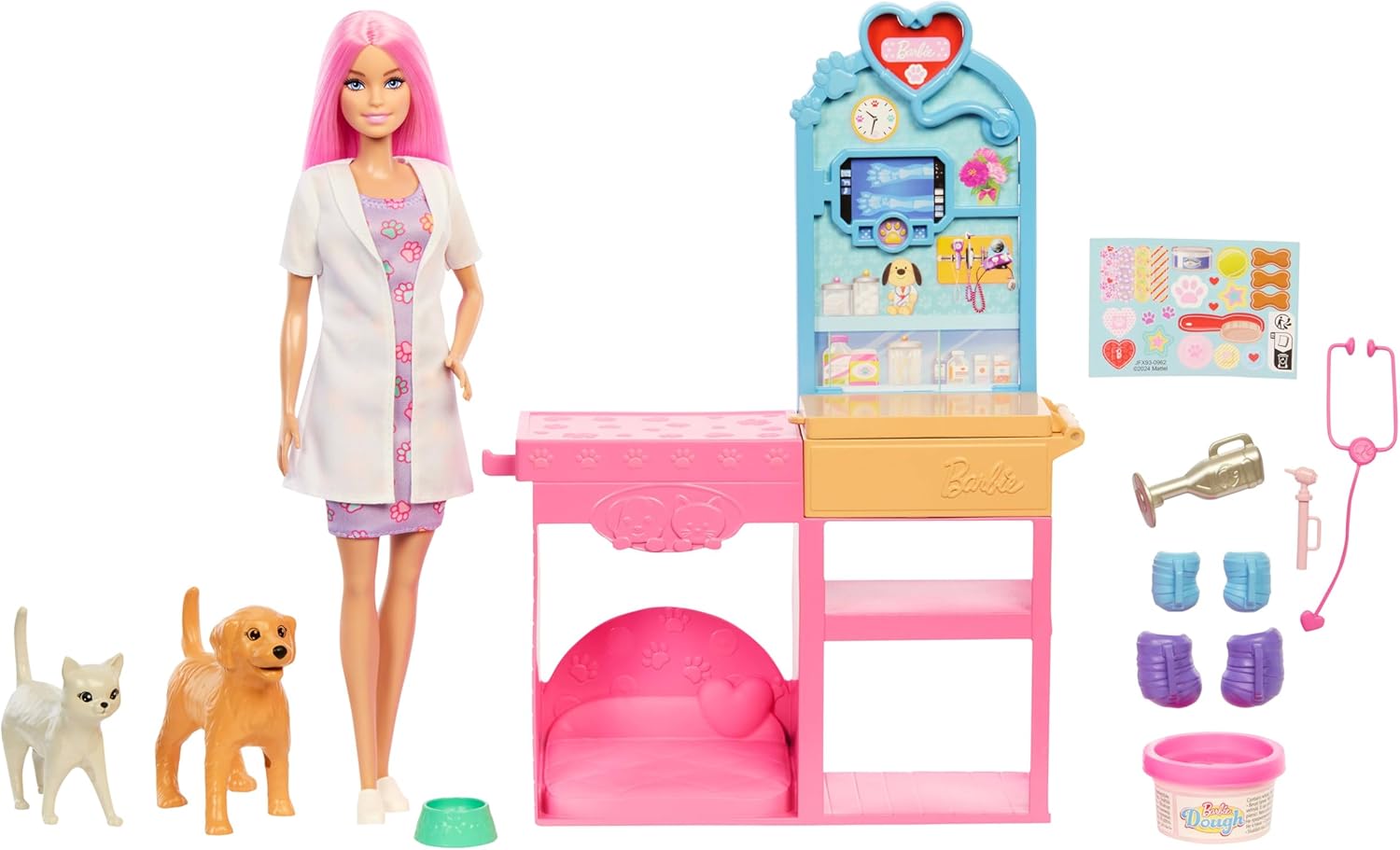 Detalle de Barbie Gute Besserung Tierkrankenstation – Spielset mit rosafarbenen Haaren, Tierarzt-Möbeln und über 10 Zubehörteilen (JFX93)