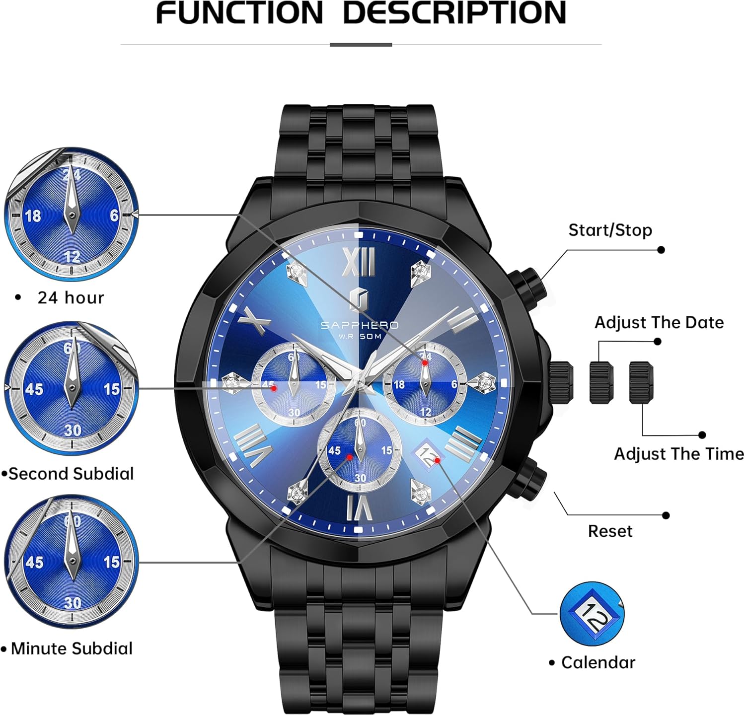 Thumbnail 6 de SAPPHERO Orologio Uomo Analogico al Quarzo Cronografo 50M, cinturino in acciaio