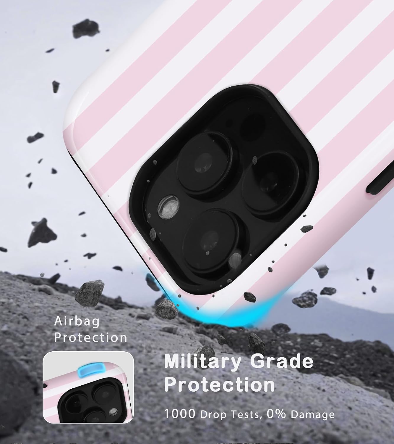 Thumbnail 4 de Amzfield iPhone 15 Pro Case with MagSafe, Dual-Layer Hybrid Protection (Pastel Pink, Striped Aesthetic)