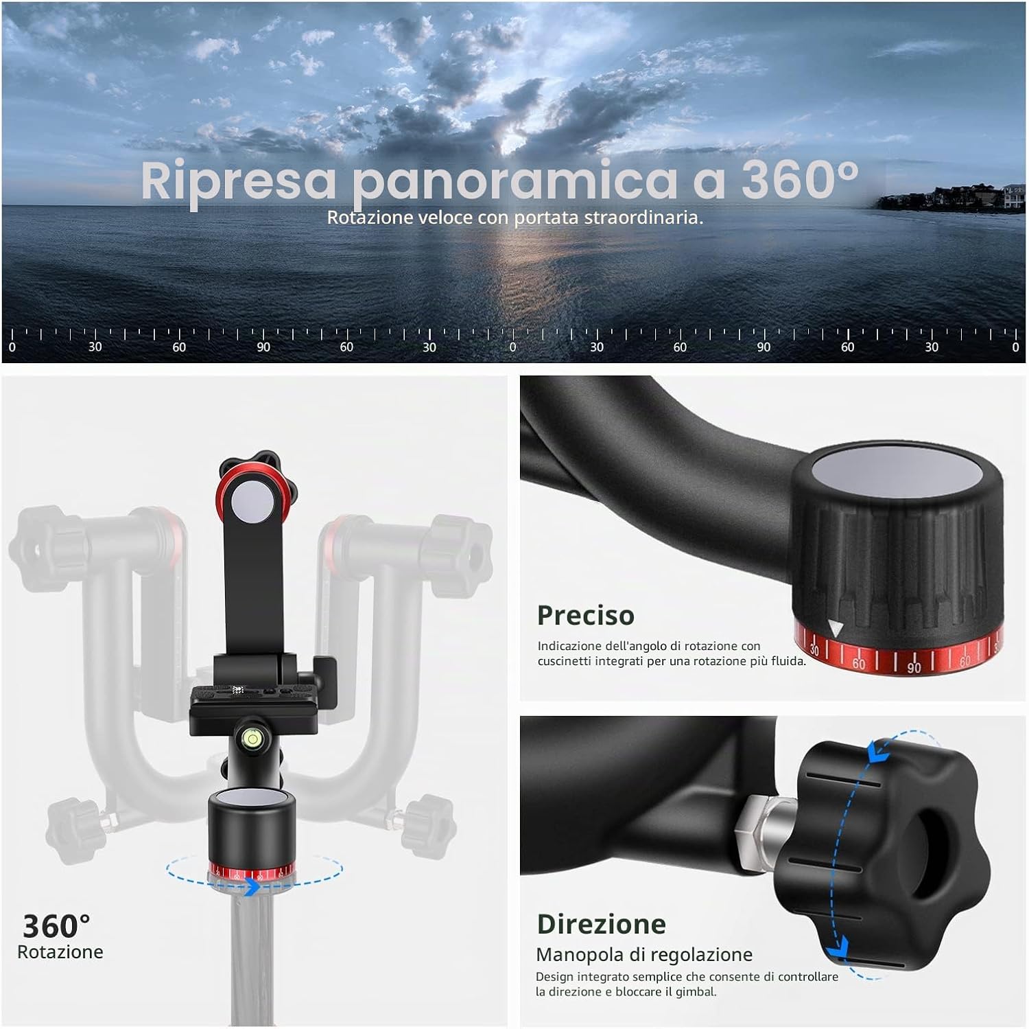 Detalle de NEEWER GM101: testa per treppiede gimbal con piastra Arca e base girevole 360° per DSLR