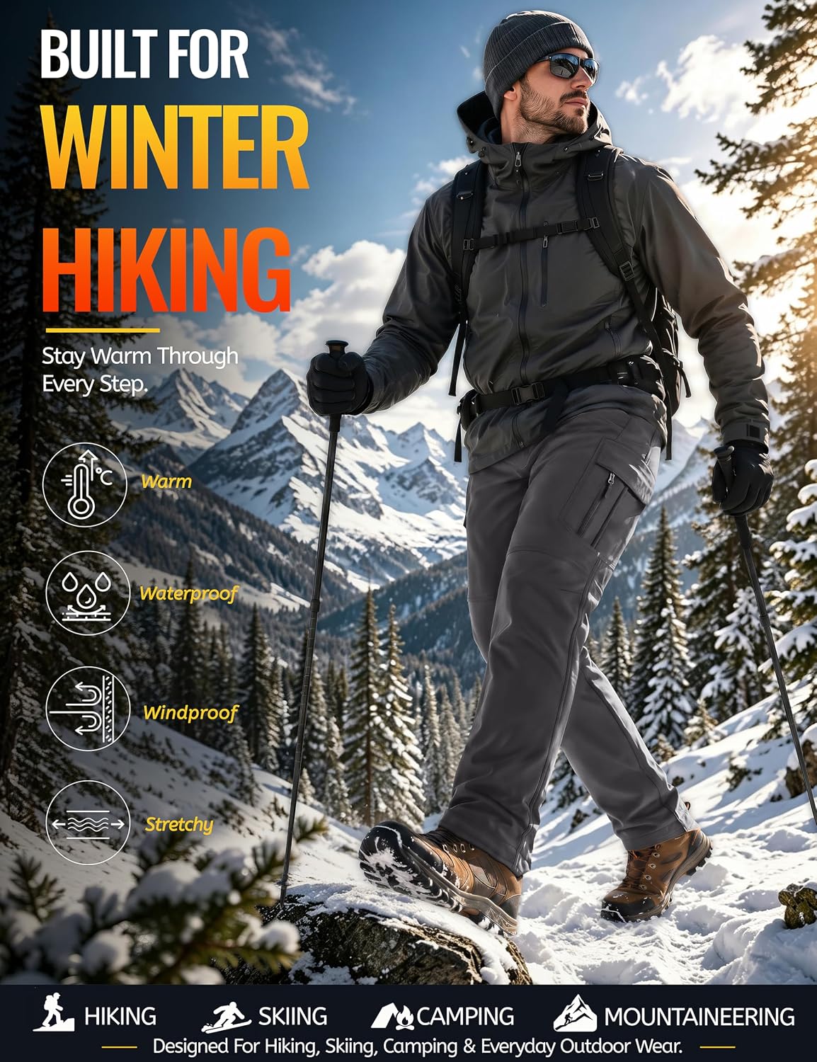 Detalle 2 de TACVASEN Men's Winter Softshell Pants, Fleece-Lined, Water-Resistant, 8 Pockets