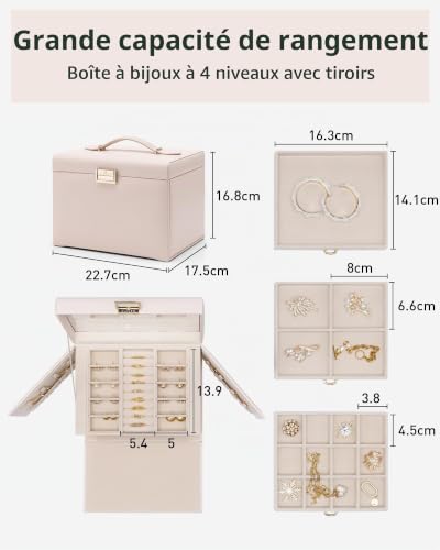 Thumbnail 7 de VLANDO Grande boîte à bijoux à 4 niveaux avec miroir et 8 crochets