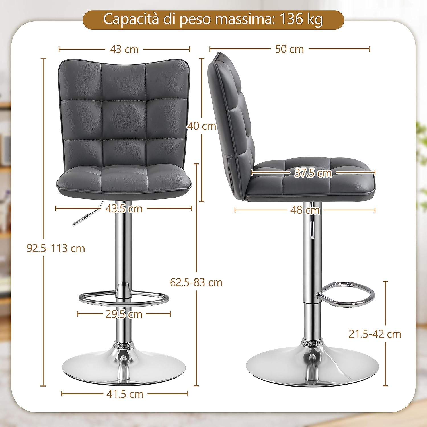 Detalle de Yaheetech Sgabelli Bar Regolabili 62,5–83 cm