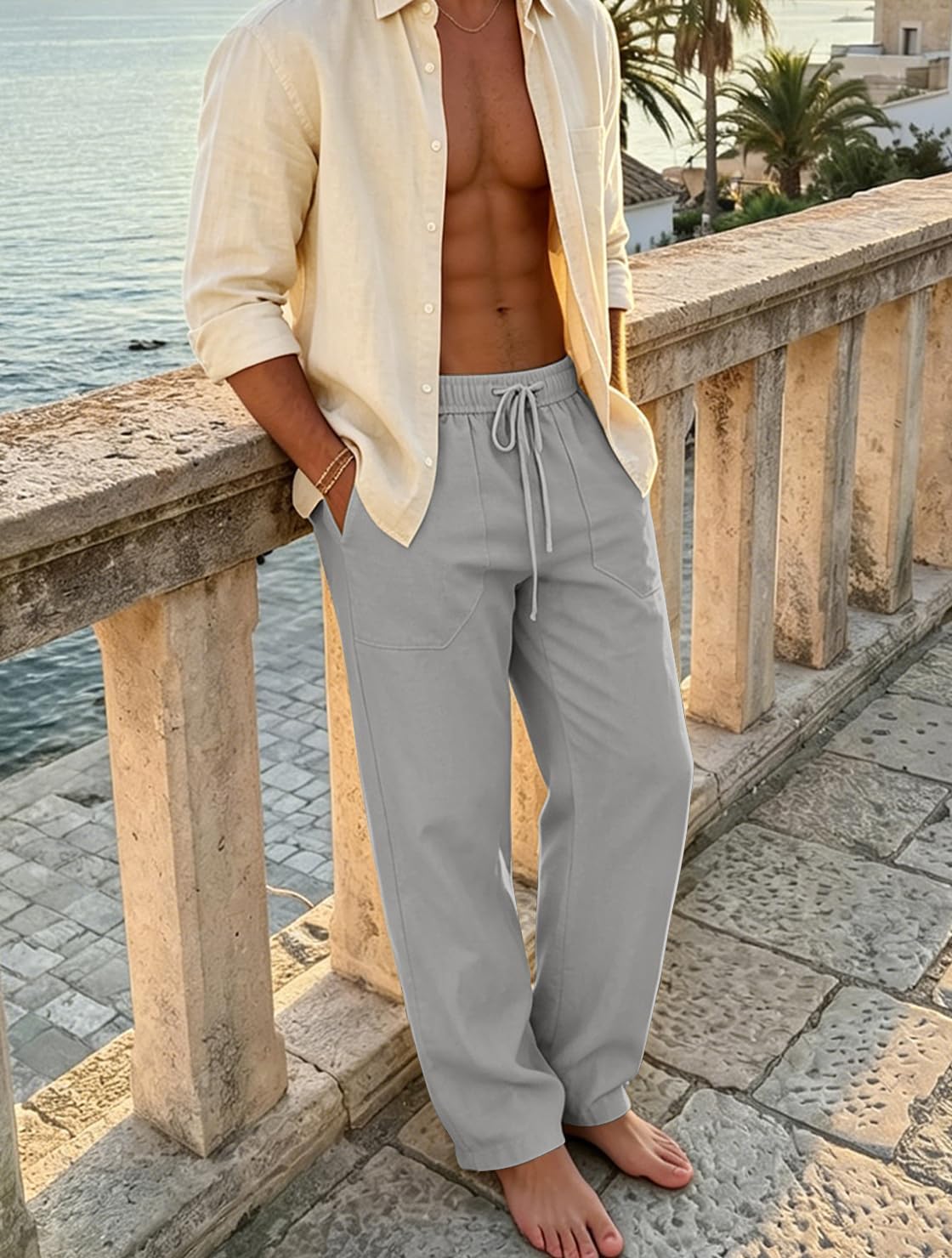 Thumbnail 3 de Puimentiua Cotton Linen Pants for Men – Casual Loose Fit with Elastic Drawstring Waist