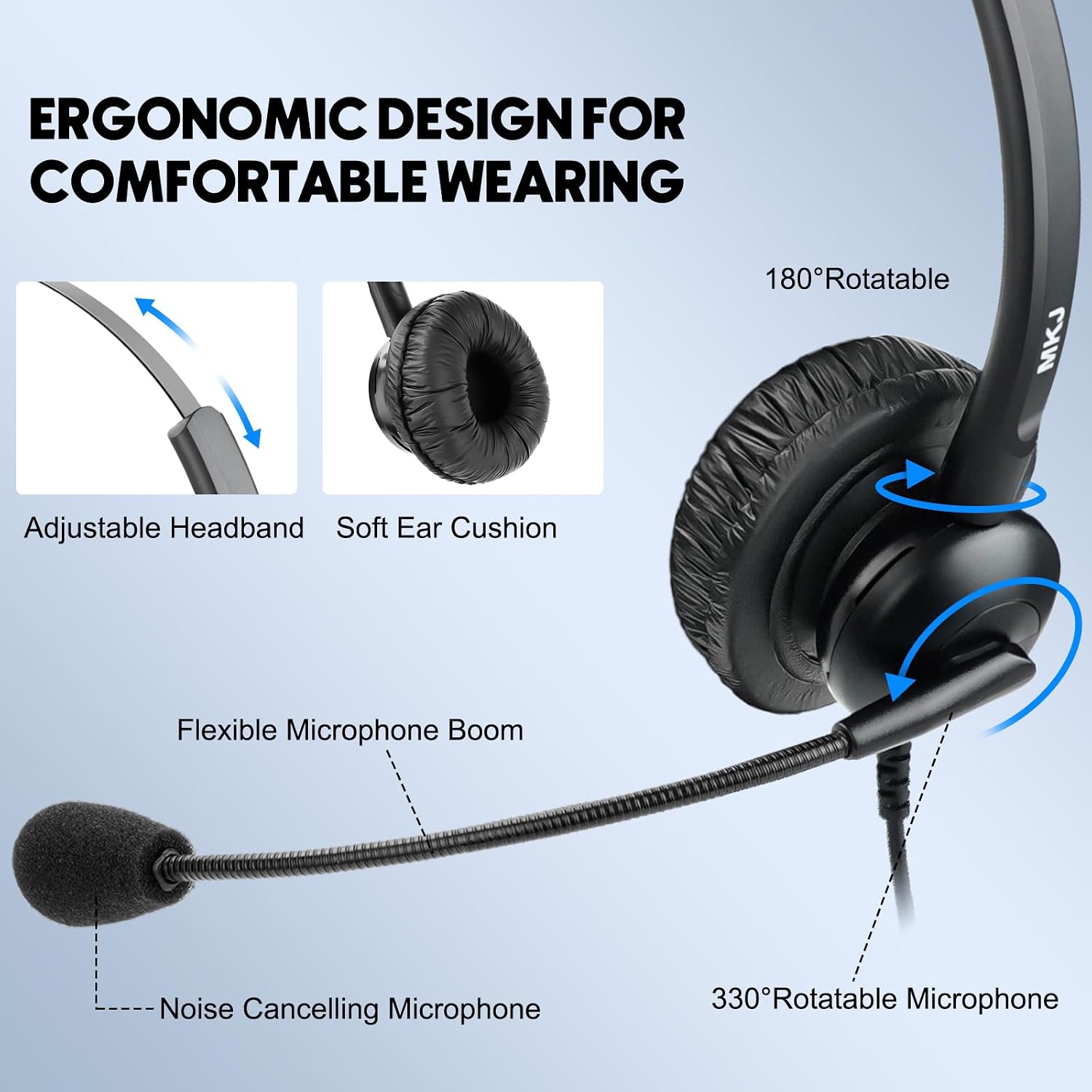 Thumbnail 2 de MKJ RJ9 Call Centre Telephone Headset with Noise-Cancelling Microphone
