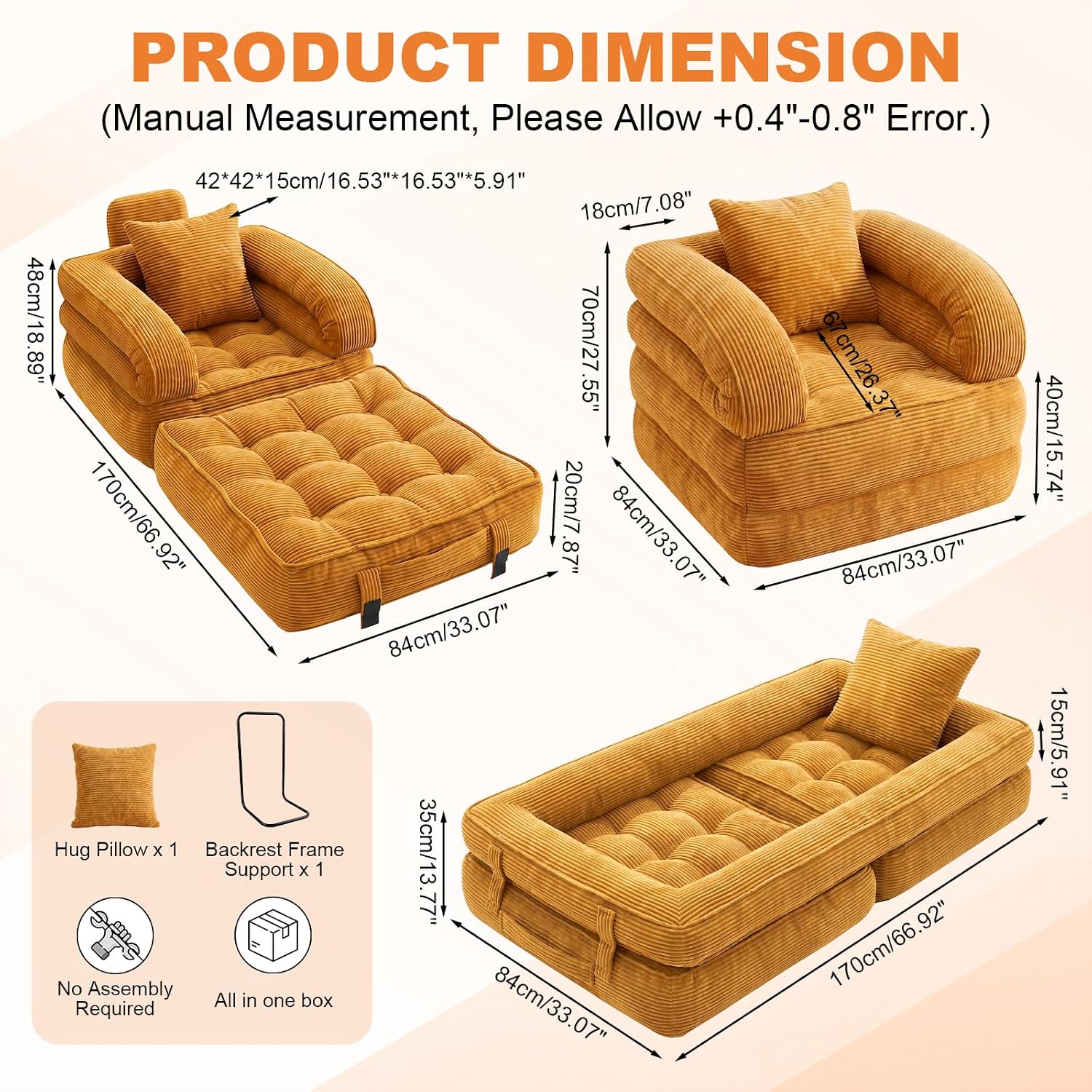 Detalle de CUBIOU Y8022-Orange 3-in-1 Corduroy Folding Sofa Bed