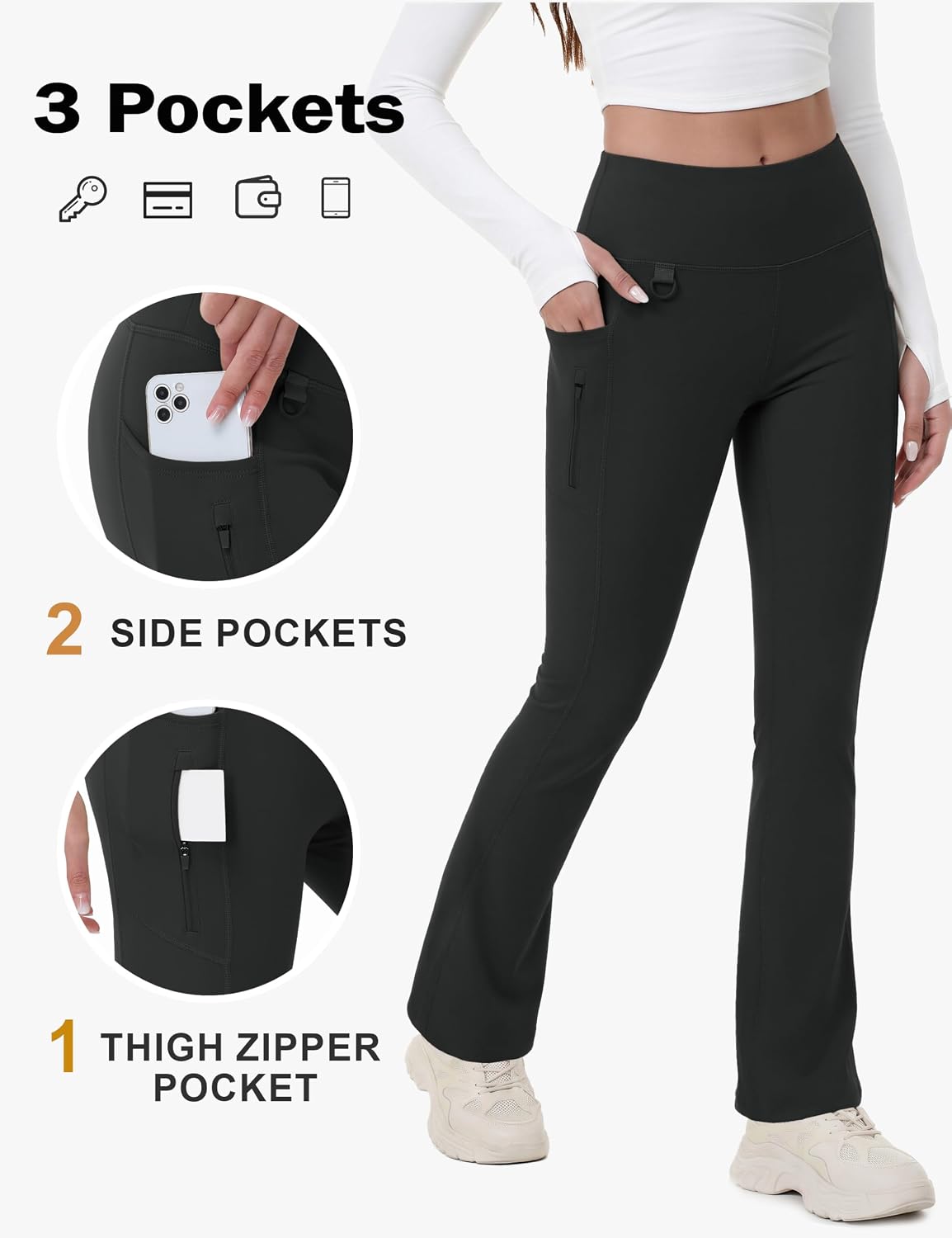 Detalle 2 de MAGCOMSEN Women's Fleece-Lined Flare Leggings, Water-Resistant, 3 Pockets