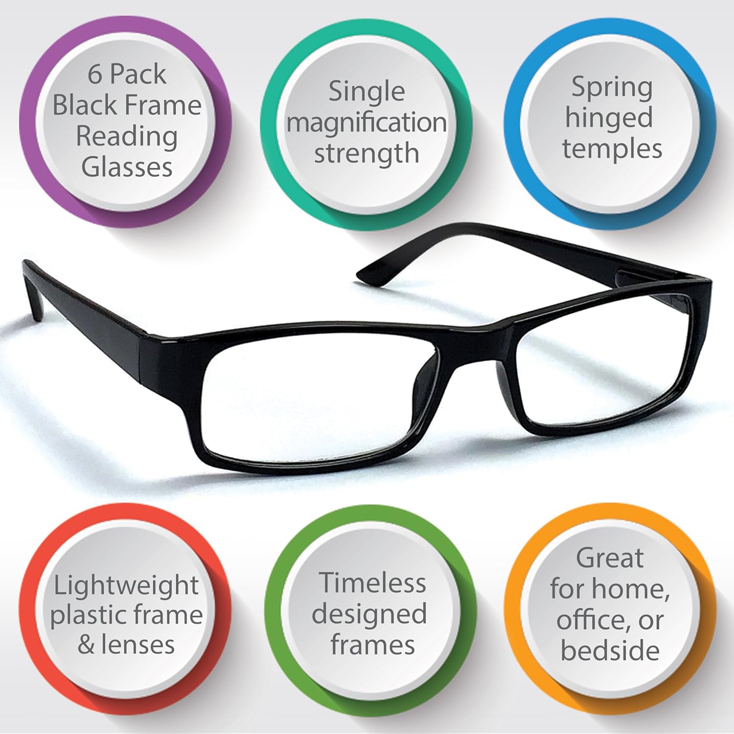 Thumbnail 1 de Boost Eyewear 6 Pack Reading Glasses — Classic Black Rectangular Frames with Spring Hinges ( +2.00 )