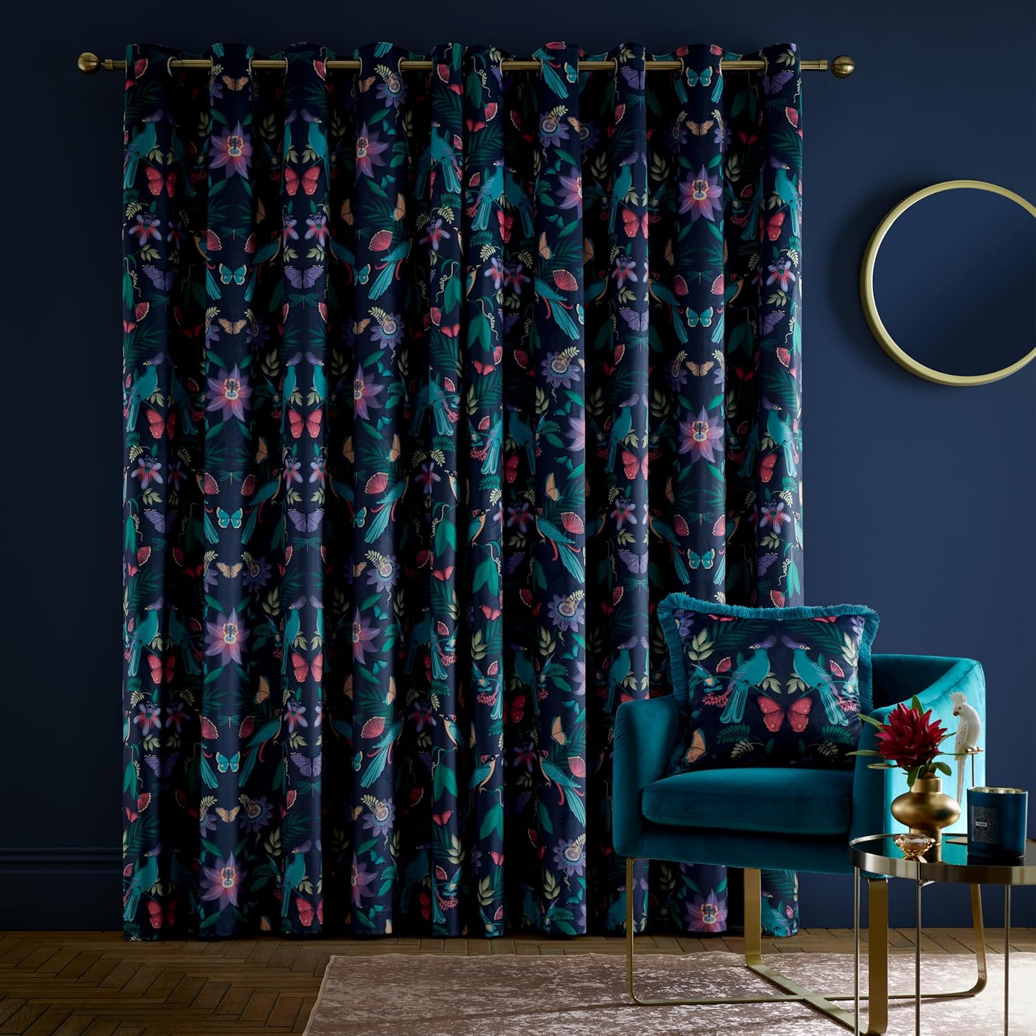Thumbnail 1 de Catherine Lansfield Mya Tropical Floral Navy Blue Eyelet Curtains – Two Panels, 90x90 inches