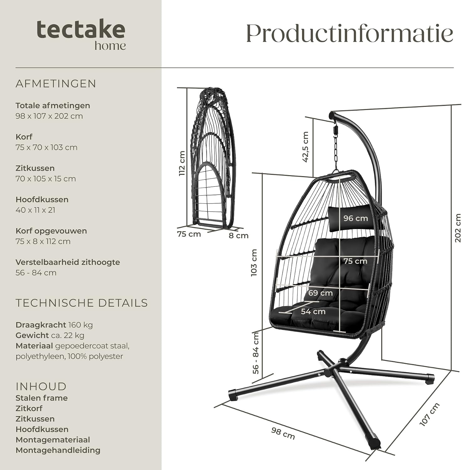 Detalle de tectake 404981-1 hangstoel met draaibare kuip, dikke kussens en beschermhoes
