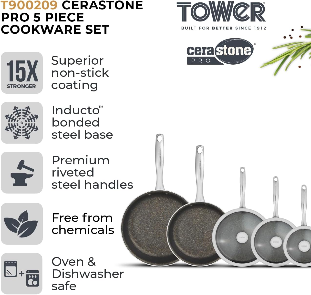 Thumbnail 1 de Tower Cerastone Pro 5 Piece Forged Aluminium Cookware Set – Graphite (T900209)