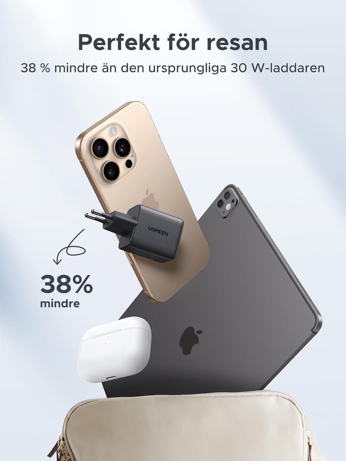 Detalle 2 de UGREEN 30 W USB-C-laddare med 3 portar och GaN II