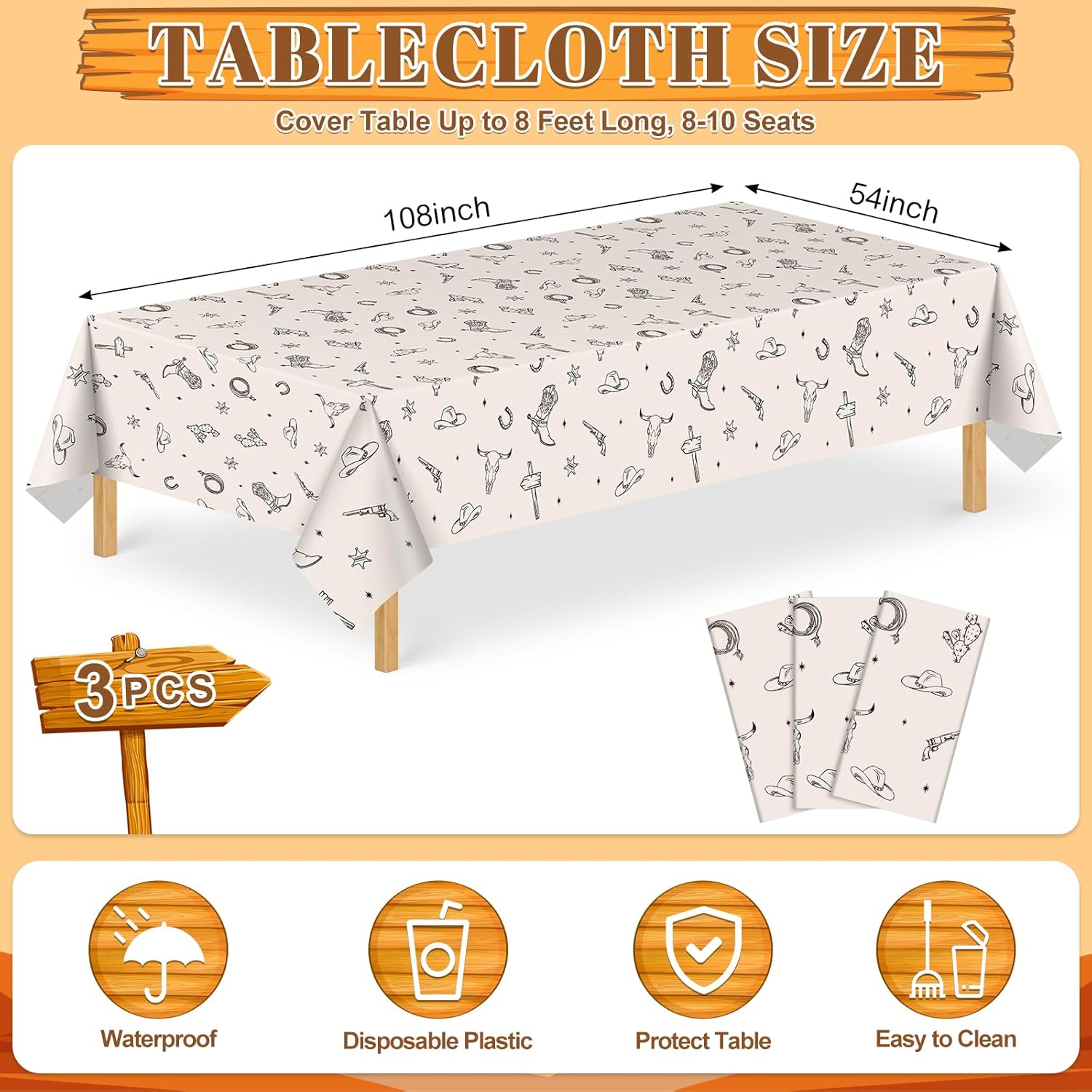 Thumbnail 1 de NatNarr 3-Pack Western Cowboy Party Tablecloths (54 x 108 in) – Disposable Rodeo Table Covers