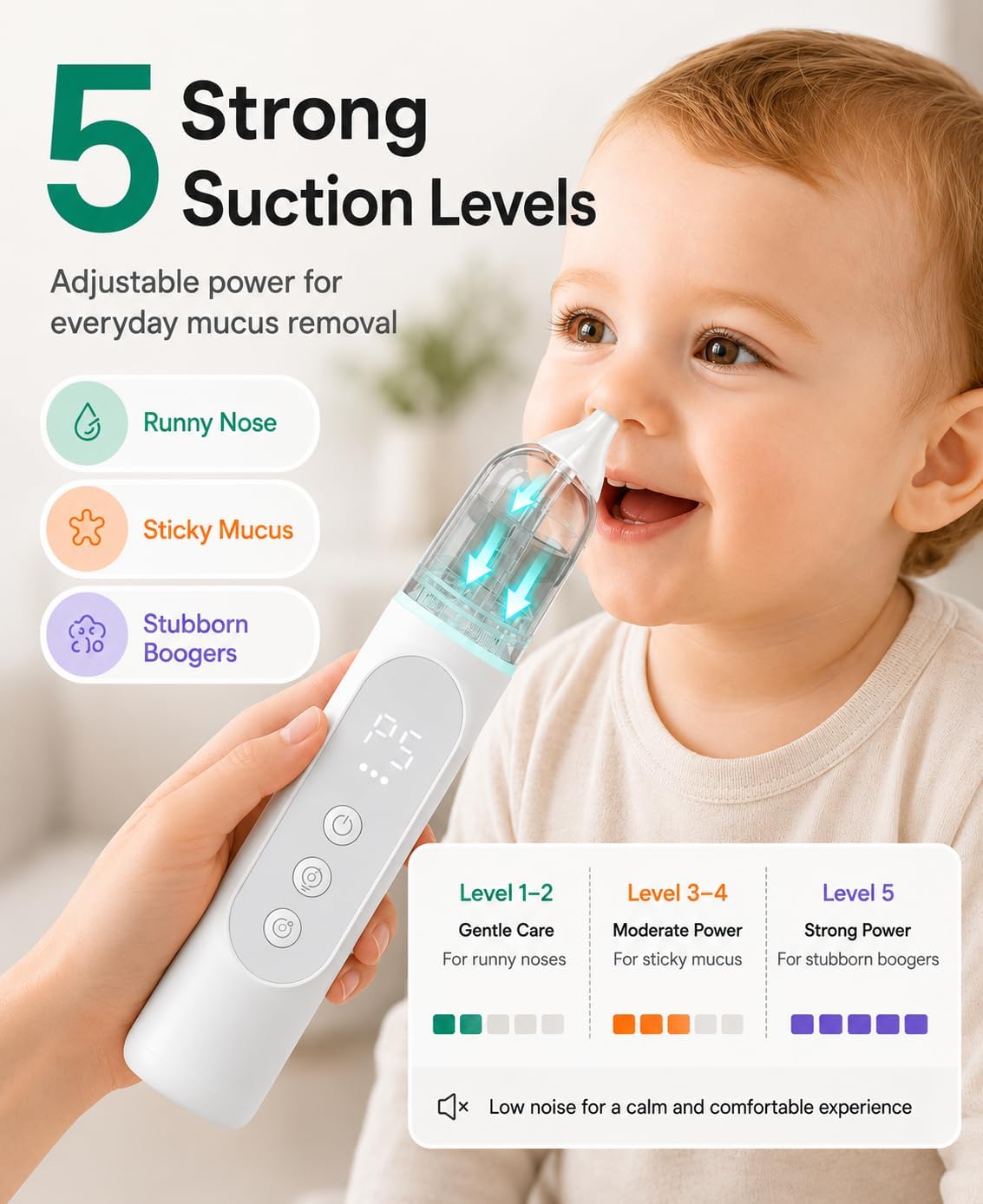 Thumbnail 2 de GROWNSY Nasal Aspirator for Baby – Gentle Elephant-Tip, 5 Suction Levels, IPX7 Self-CCleaning, Docked Charging & Soothing Night Light