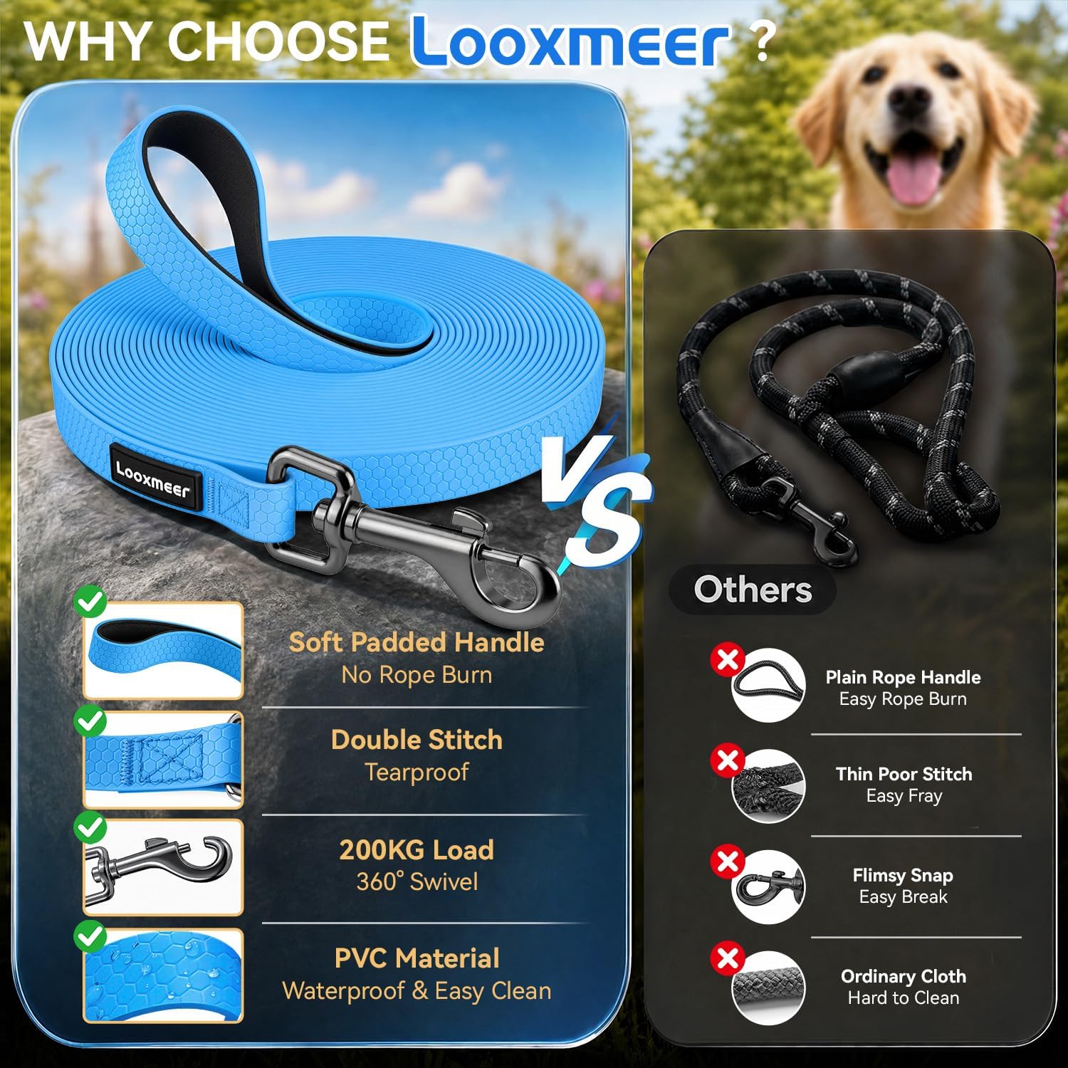 Detalle de Looxmeer Training Lead for Dogs 5m/16ft: Extra‑Long, Waterproof Training Lead with Padded Handle