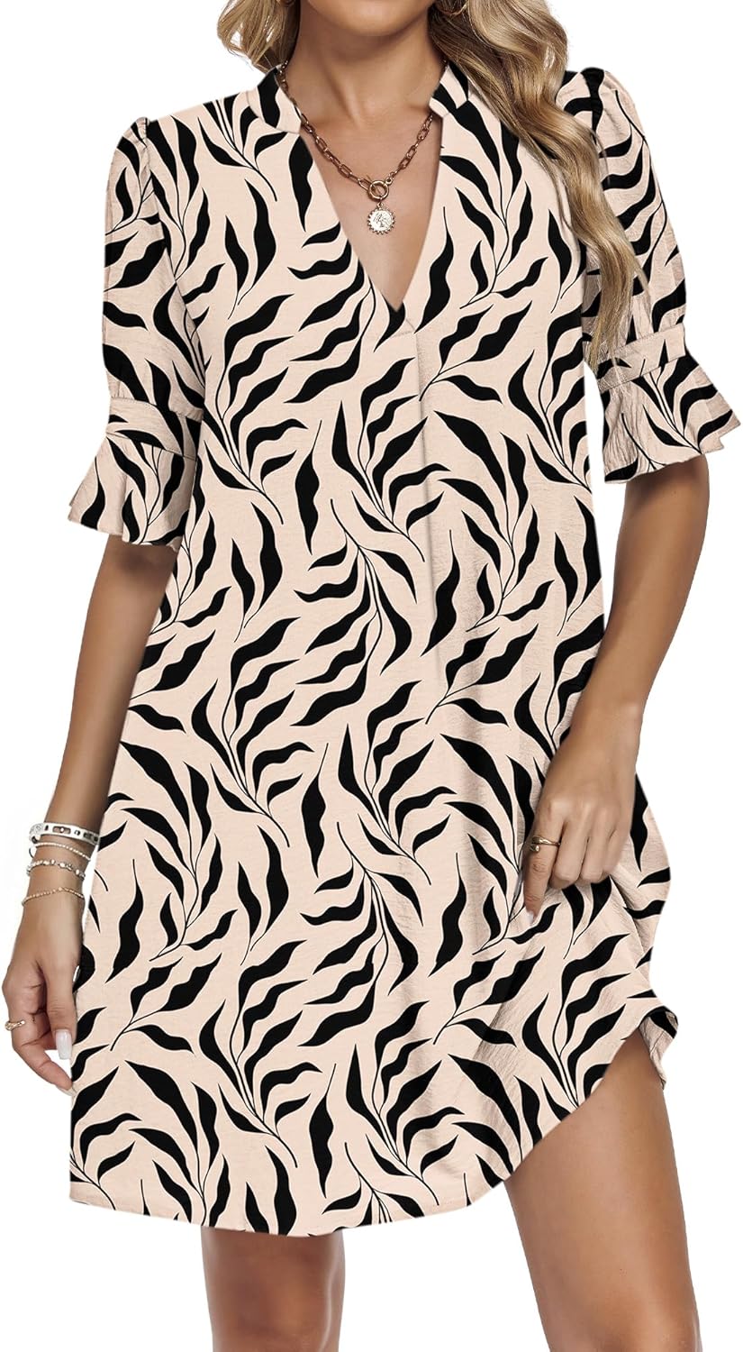 Detalle de AUSELILY Robe Femme Chic et Décontractée à Manches Courtes et Col V – Robe Chemise avec Poches