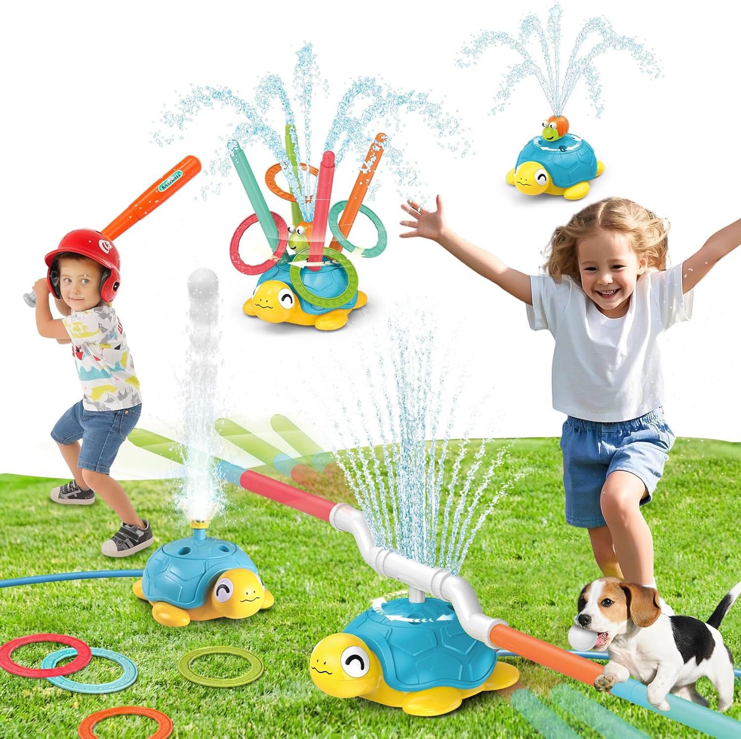 Detalle de 3 in 1 Kids Toys Turtle Sprinkler Set with Musical Jump & Ring Toss Rocket Launcher (Ages 3–12)