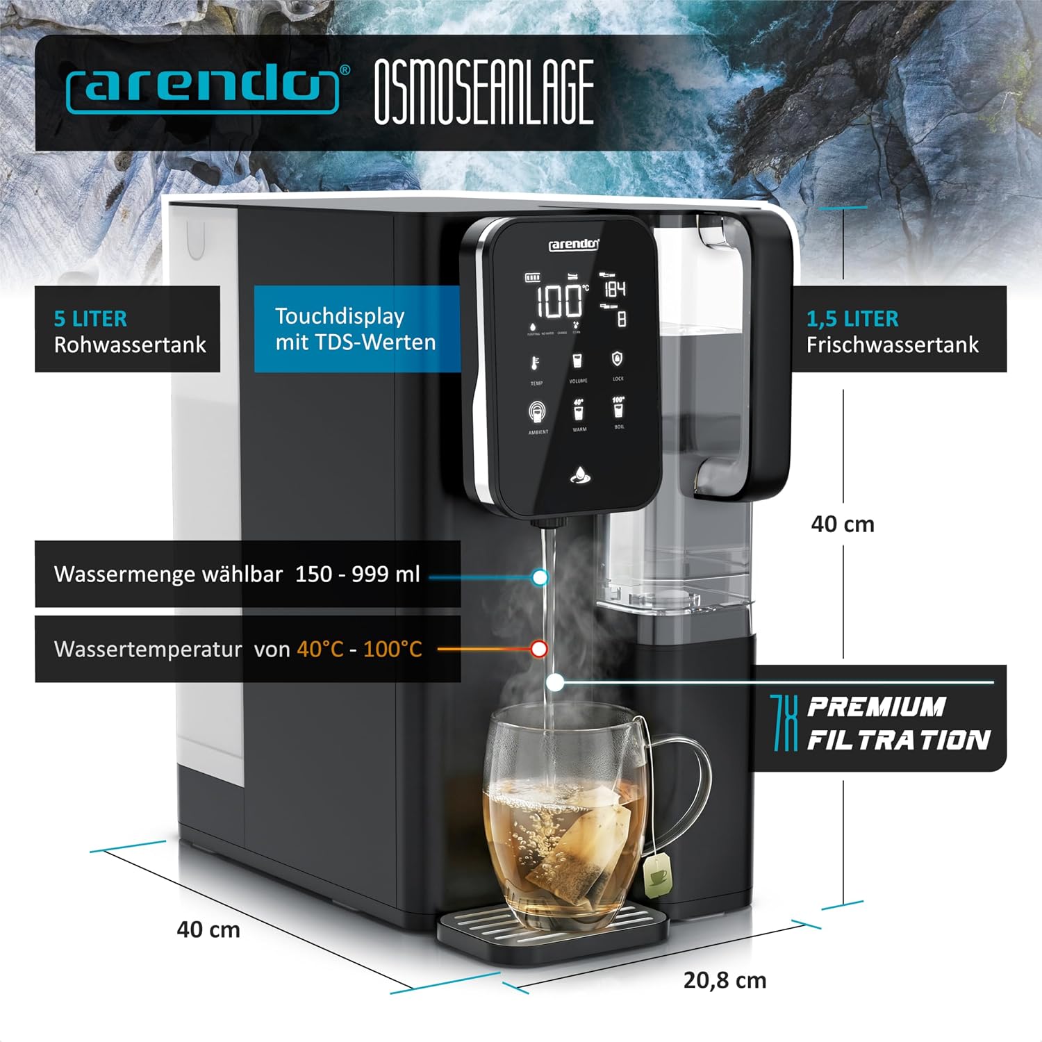 Detalle de Arendo Premium Osmoseanlage – 7-stufiges Filtersystem (5+2) mit Heißwasser bis 100 °C
