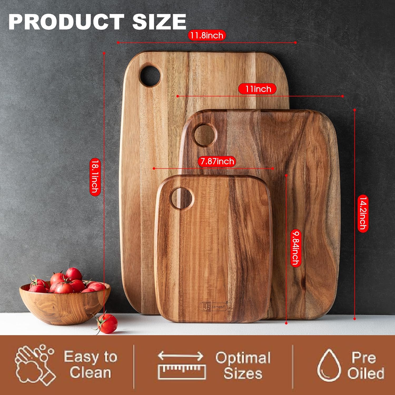 Detalle de Solid Acacia Wood Chopping Board Set of 3 (Non-Toxic) – Heavy Duty Wooden Cutting Boards with Hanging Holes