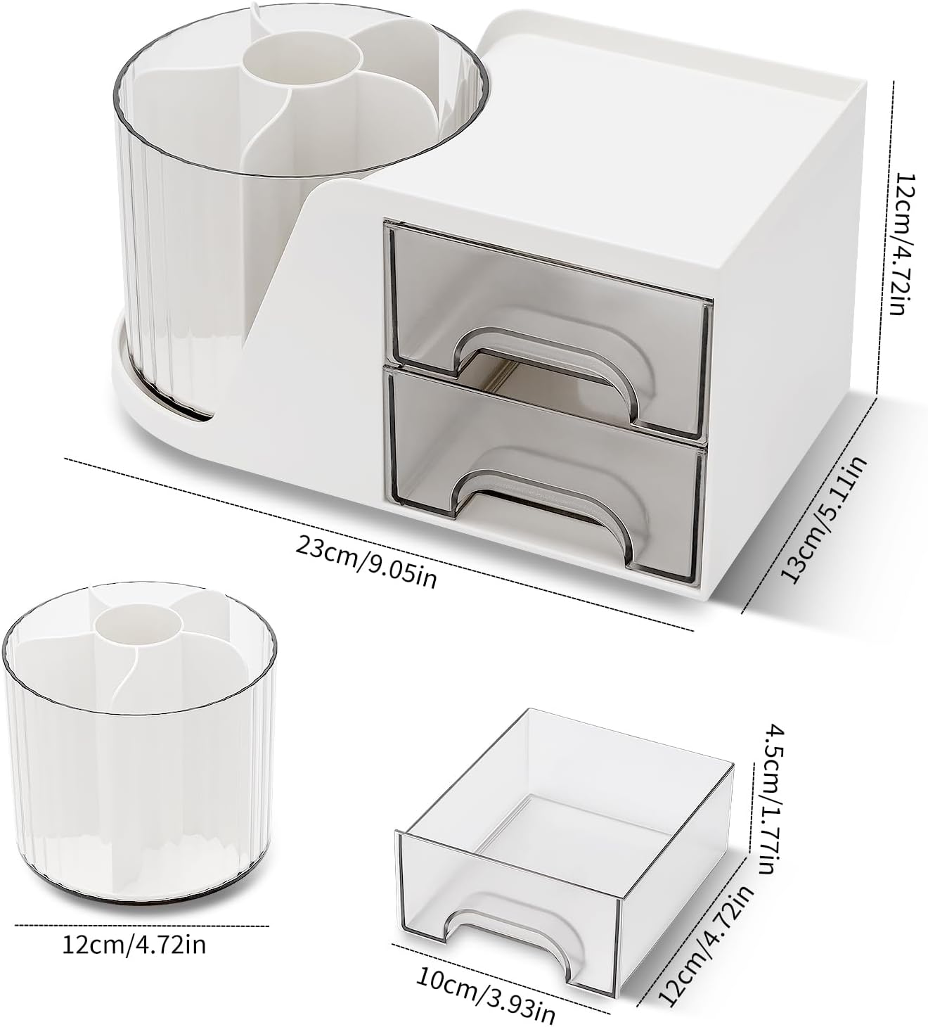 Detalle de RISEMART Drehbarer Schreibtischorganizer mit 2 Schubladen – 4 Fächer, Stifthalter und oberes Regalorganizer
