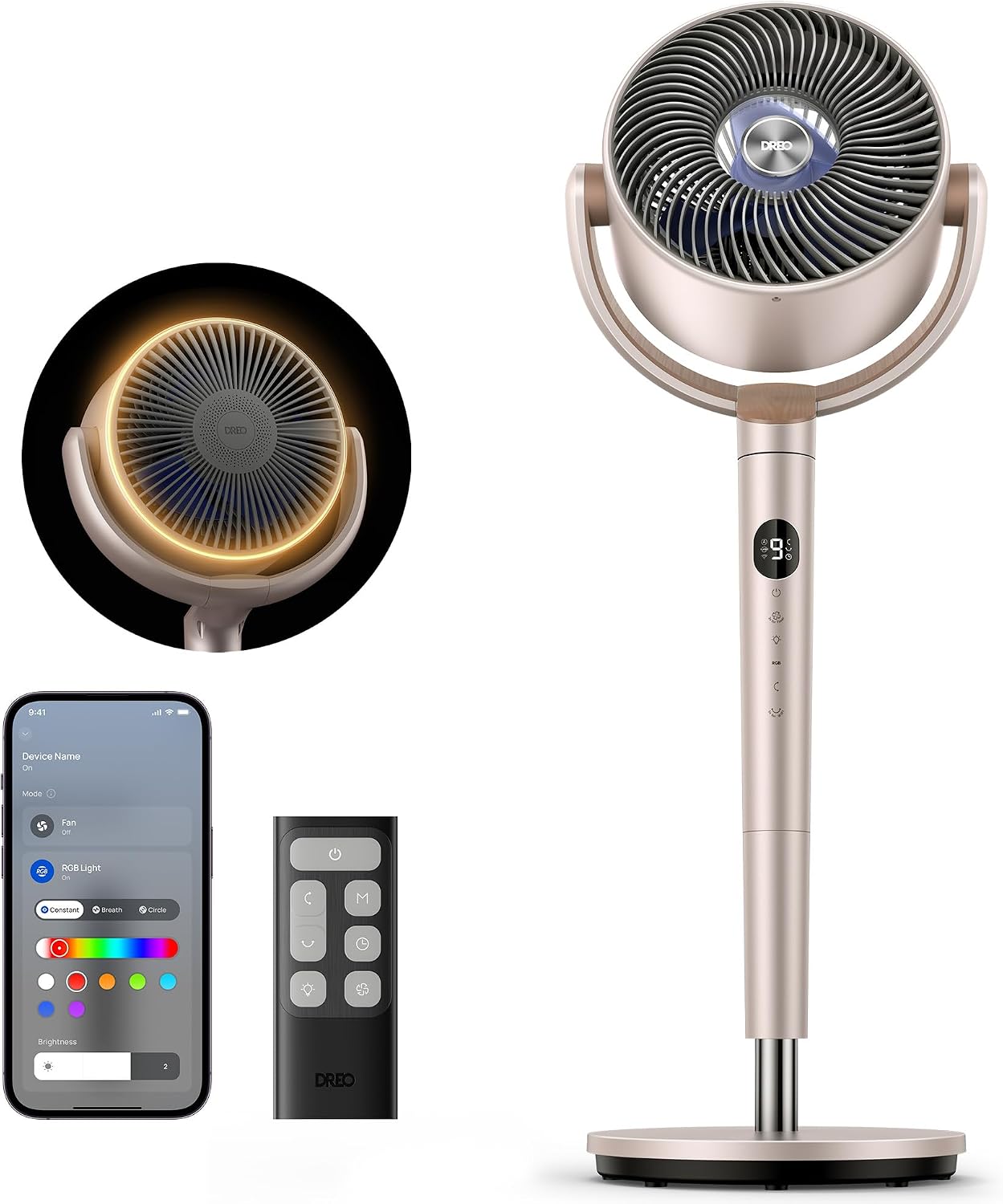 Detalle de DREO Smart Fans for Bedroom Starlight: 100 ft quiet pedestal fan with Wi‑Fi/voice, RGB light, 9 speeds & 120°/120° oscillation