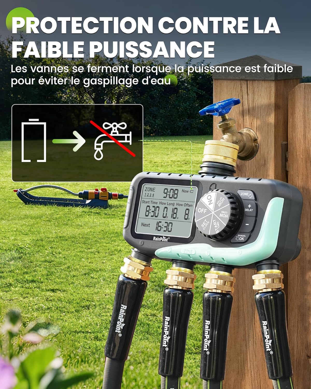 Thumbnail 6 de RAINPOINT Programmateur d’arrosage 4 voies — Laiton, IP65, minuterie indépendante avec retard de pluie