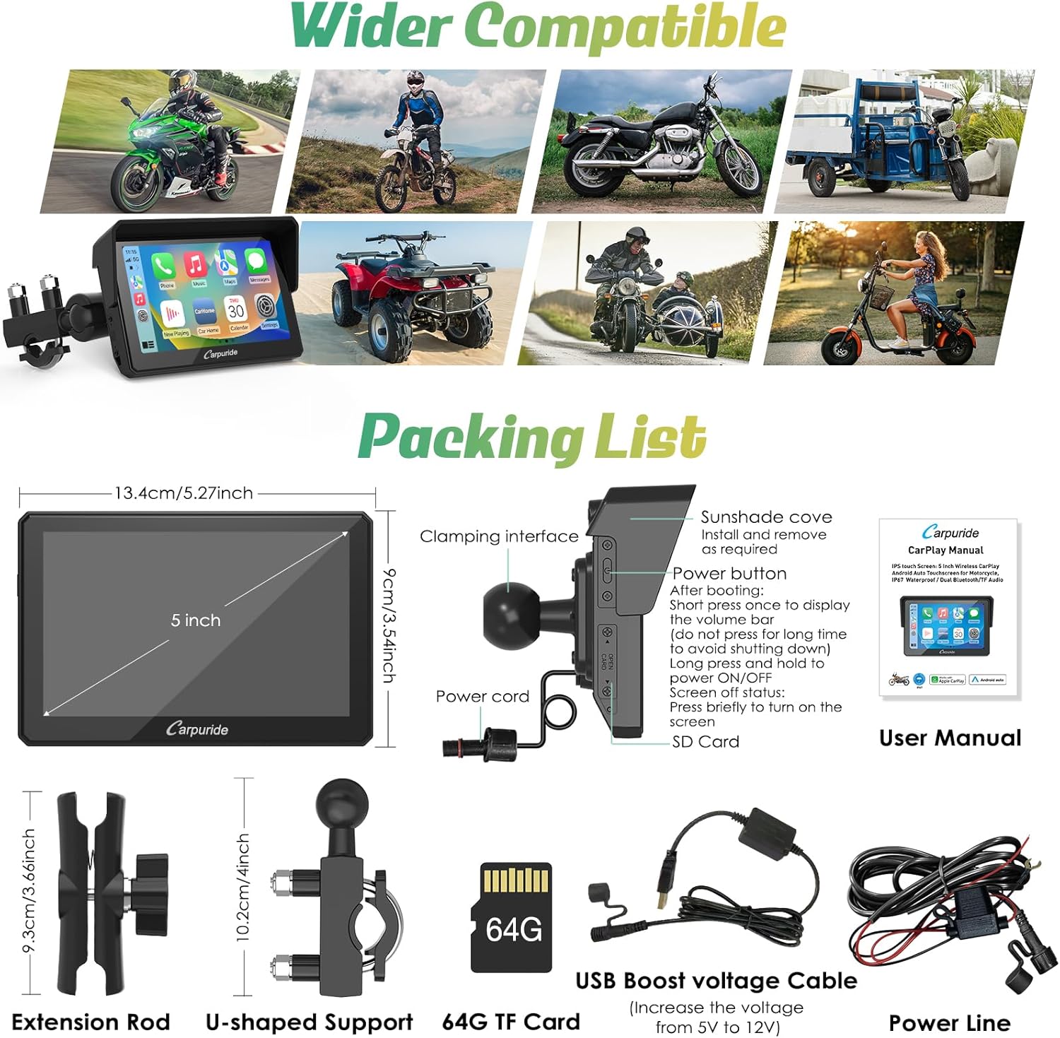 Thumbnail 6 de Carpuride W502: 5" IP67 Waterproof CarPlay & Android Auto Portable Motorcycle Stereo