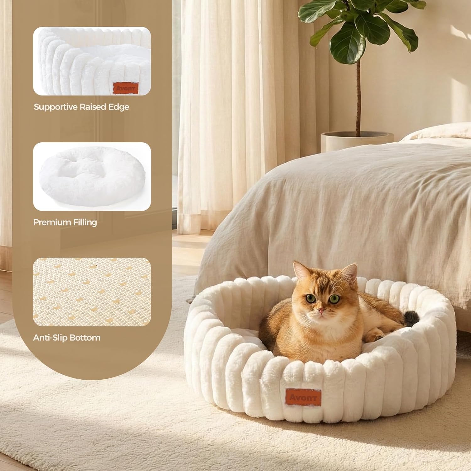 Detalle 2 de Avont Cat Bed for Indoor Cats – Fluffy Washable, Raised Rim and Non-Slip Base (S/M, Cream/Gray/Brown/Pink)