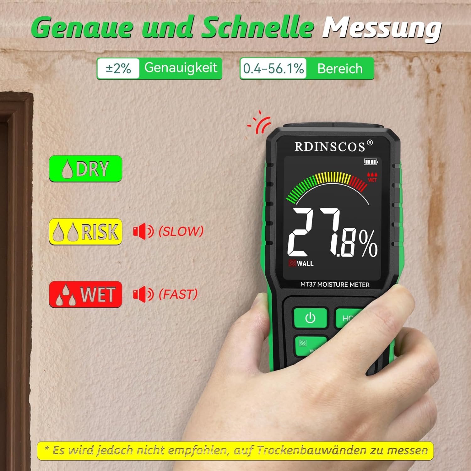 Detalle 2 de RDINSCOS Rechargeable Pinless Moisture Meter: Non-Invasive Damp Detector for Walls, Wood & Masonry