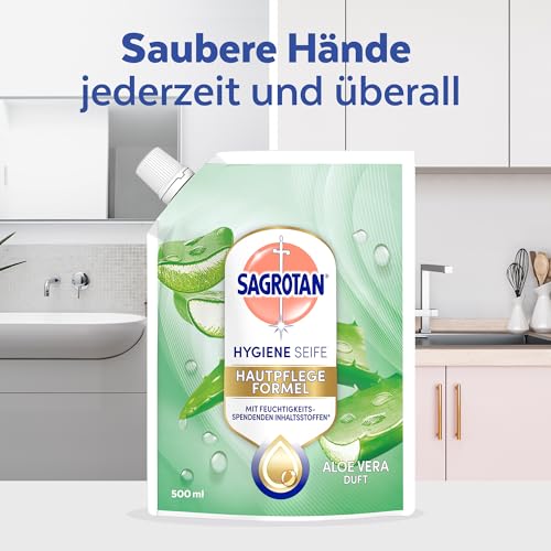 Detalle de Sagrotan Handseife Nachfüller Aloe Vera, 6 x 500 ml – Feuchtigkeitsspendend und stark gegen Bakterien