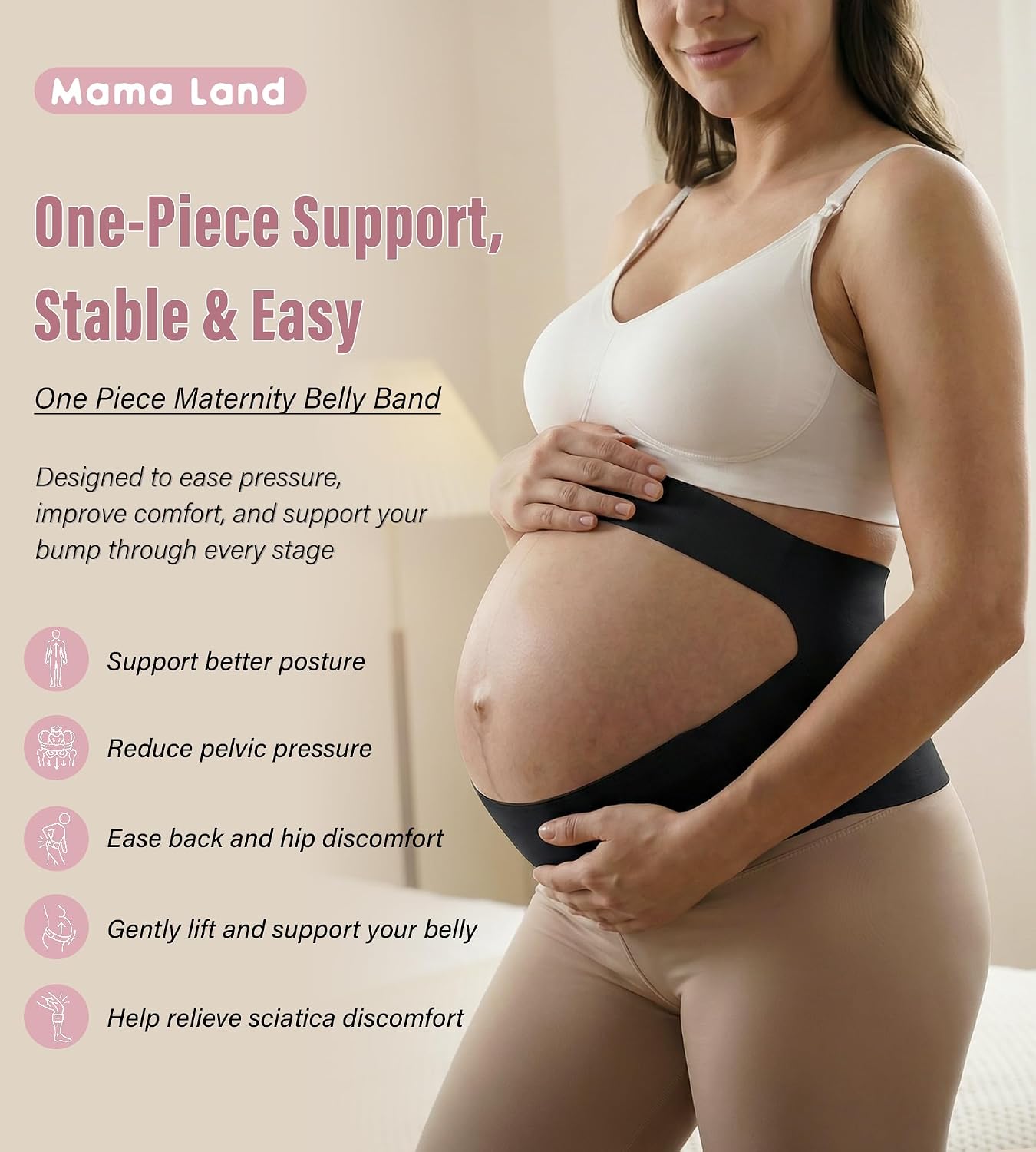 Detalle de Mama Land EasySupport One-Piece Pregnancy Belly Band, Adjustable, Breathable, Black XL