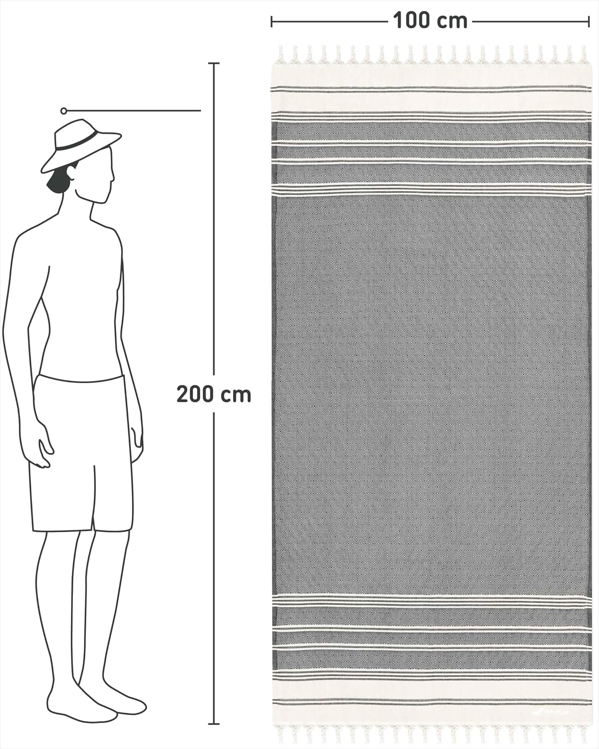Detalle 2 de Fit-Flip Serviette de Plage hammam – Fouta en coton 100% 100x200cm Diamond, anthracite