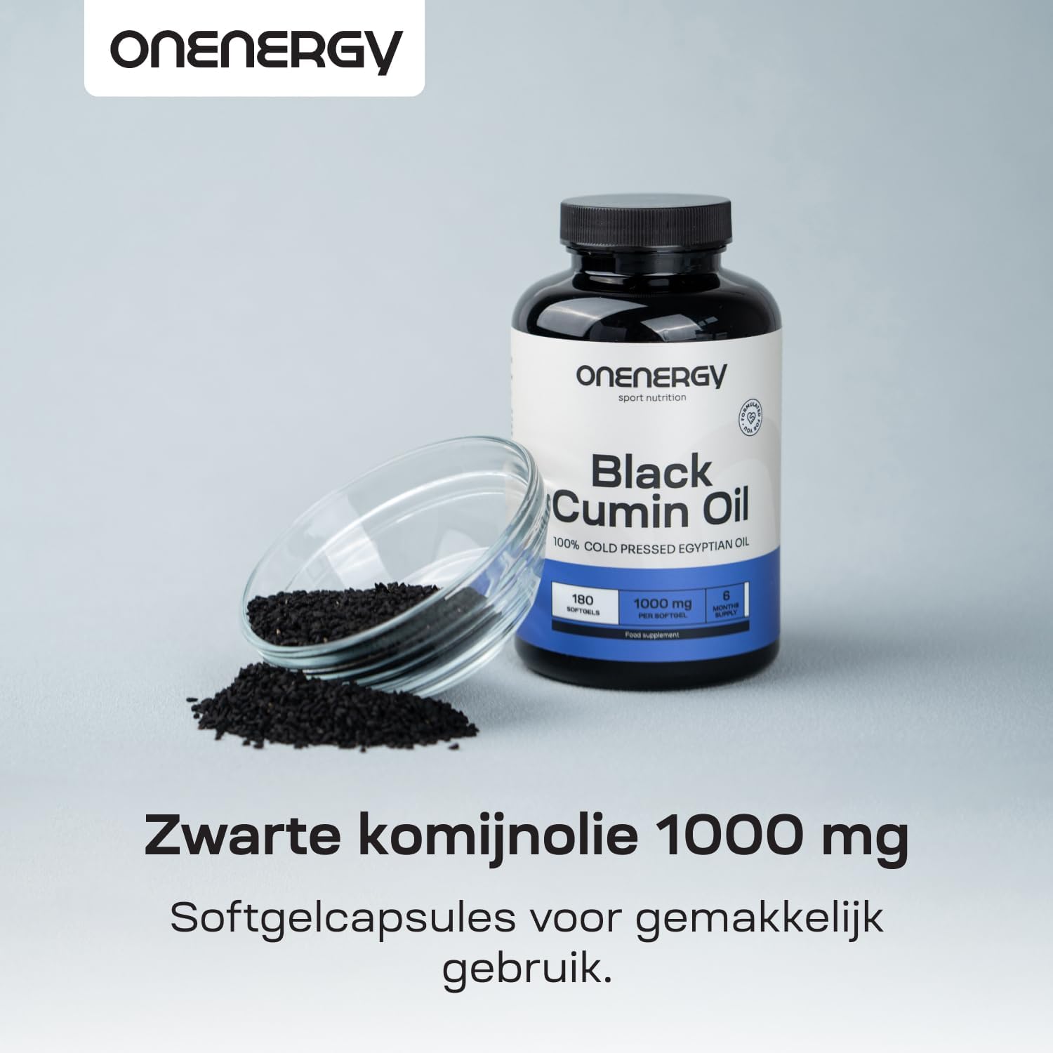 Detalle 1 de ONENERGY zwarte komijnolie 1000 mg, koudgeperst, 180 zachte capsules